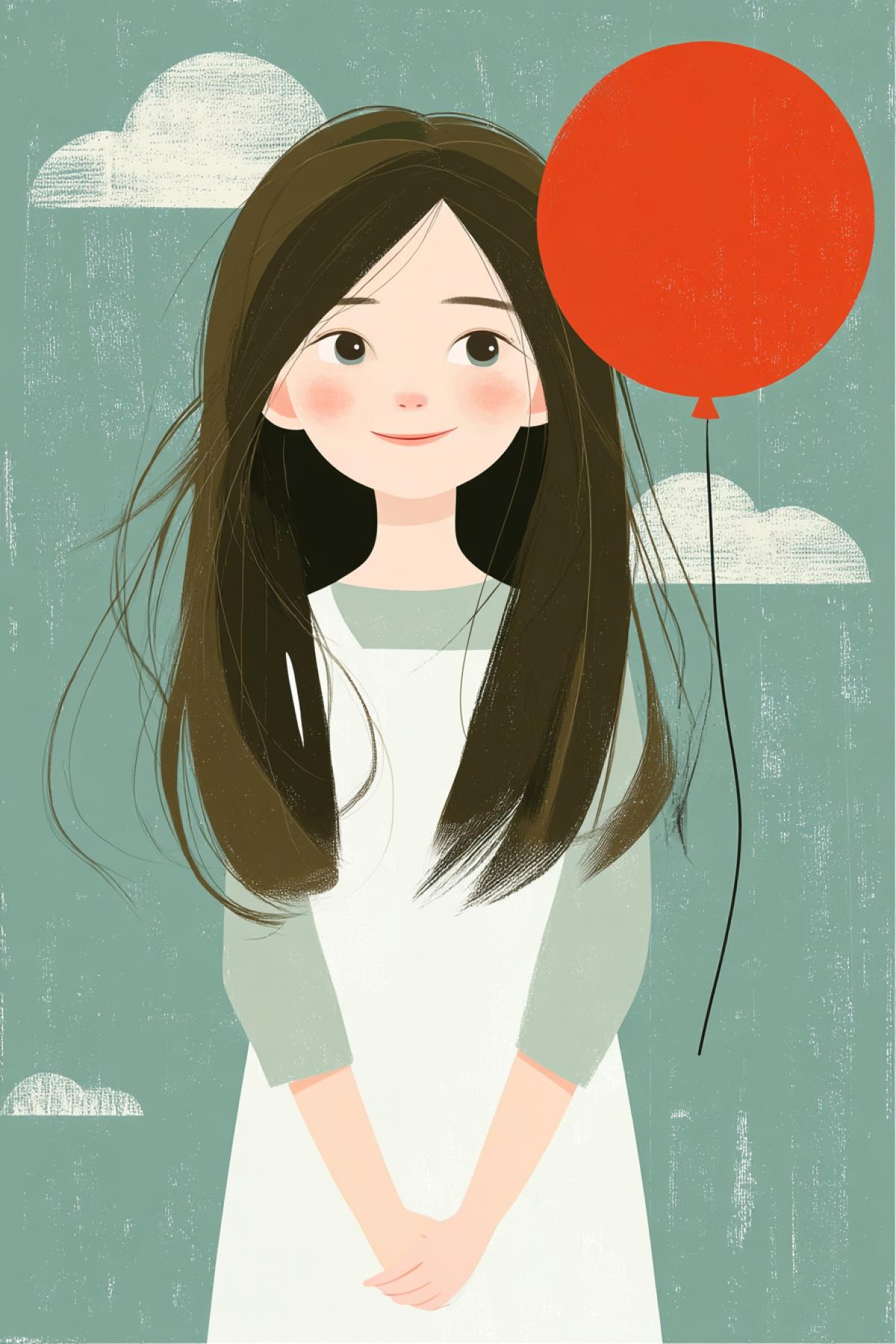 A minimalist flat design illustration of a small girl holding a red balloon. The girl is simple, with smooth, flat shapes and soft, rounded edges. She is standing against a bright blue sky with soft, fluffy white clouds scattered across. The image focuses on clean, flat colors with minimal shading and highlights, emphasizing the com4k. The red balloon is the central focal point of the image, contrasting with the cool tones of the sky. The overall atmosphere is calm, joyful, and simple, with a focus on geometric shapes and minimalistic details.