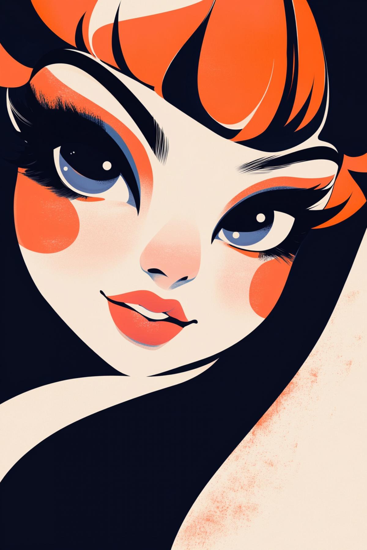 Gorgeous woman opening big eyes wearing big smile, in the style of bold graphic illustrations, a light orange and navy blue palette with simple shapes, in the style of golden age illustration tondo formats, featuring pink, white and light red colors