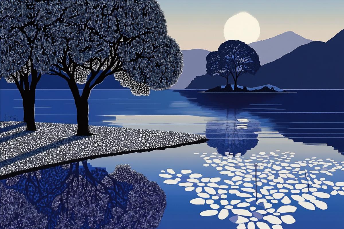 Digital Celtic Art | A harmonious alien landscape with trees and flowers | Moonlit seascape | Rule of thirds com4k, with leading lines | Soft, moonlight glow | Celtic patterns; Serene mood; Nature-inspired elements. stylize 300 chaos 1 v 6.1