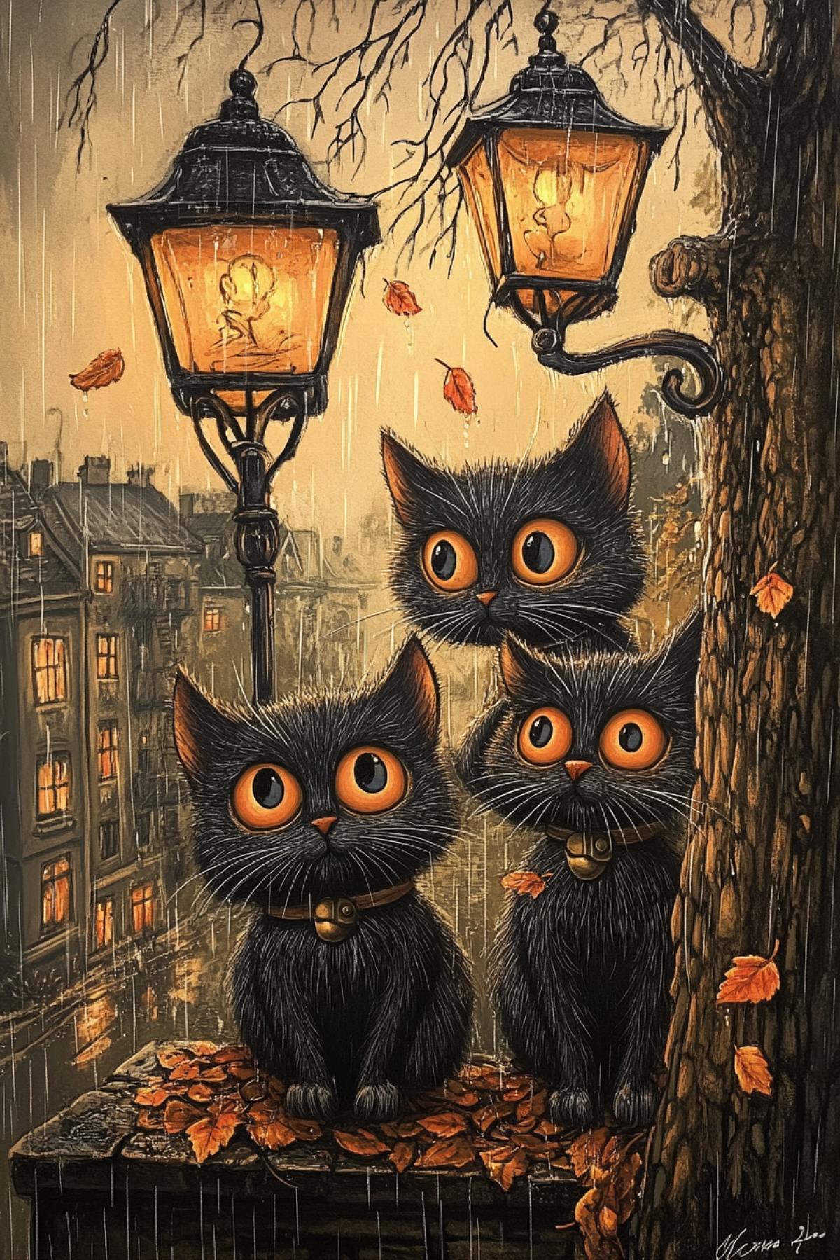 Three dark and two red cats on autumn trees in the city, cartoonish, bent lanterns, rain, cats watching autumn leaves fly around