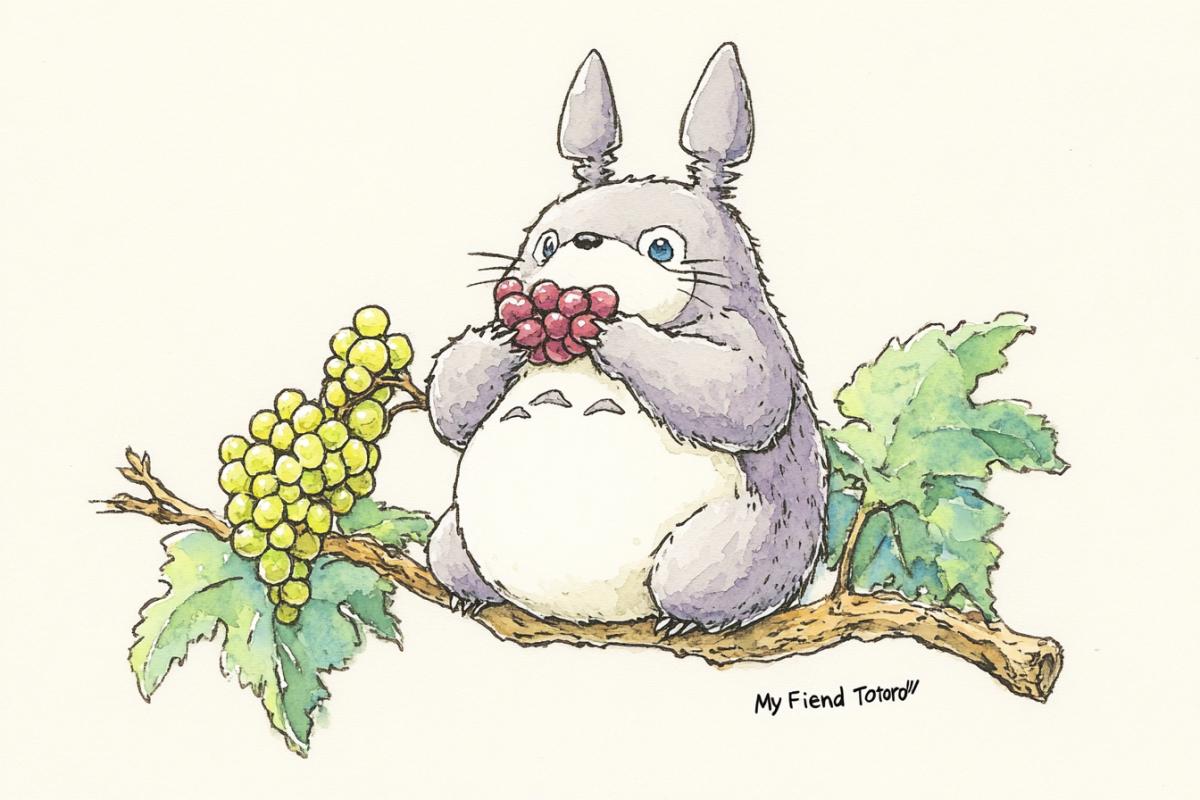 Watercolor in the style of the cartoon \"My Friend Totoro\", cute Totoro sits on a grape branch and eats grapes