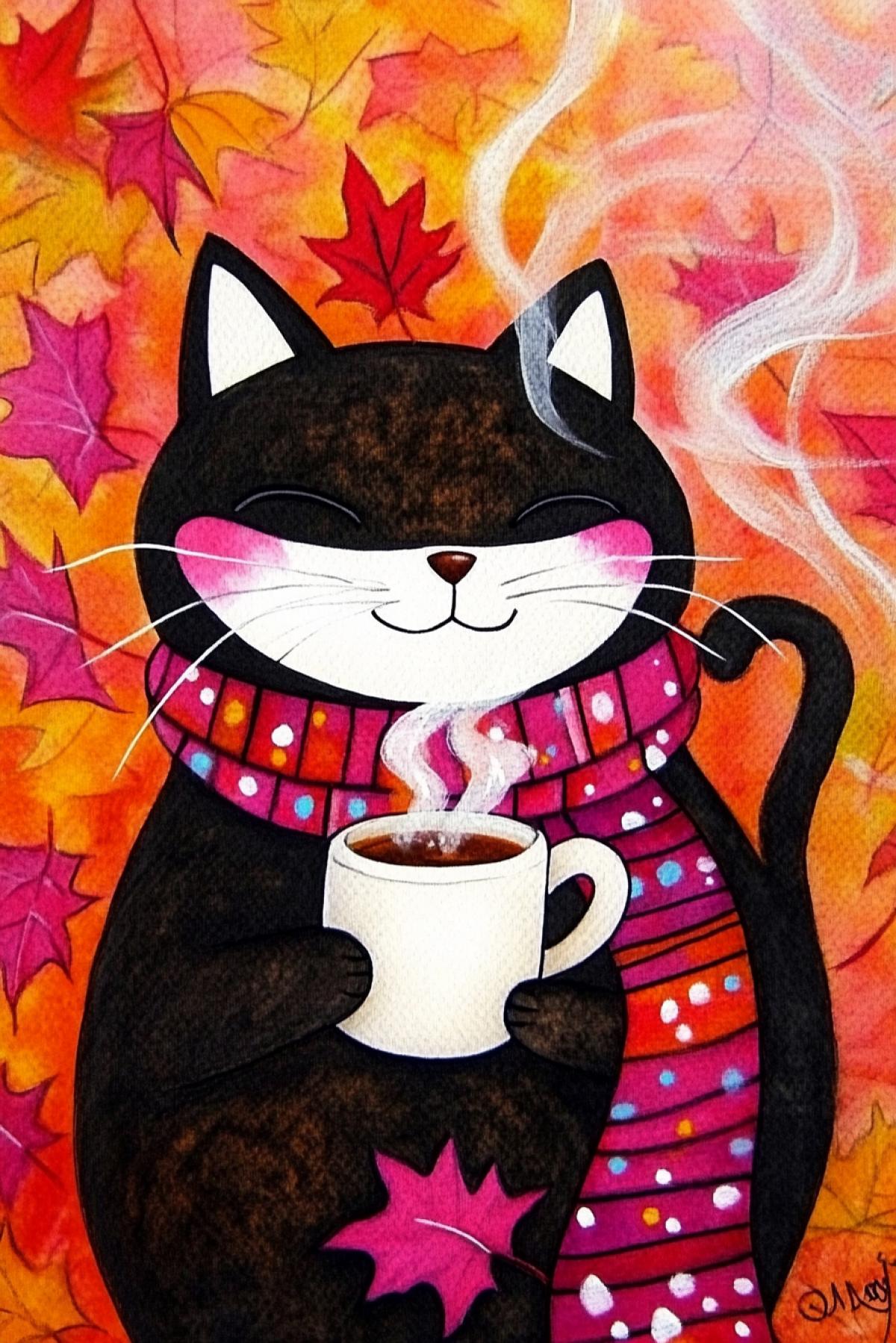 A cartoon dark cat with white cheeks and white ears, in a bright scarf, holds a mug with a hot drink, from which steam rises in curls, background is bright autumn foliage
