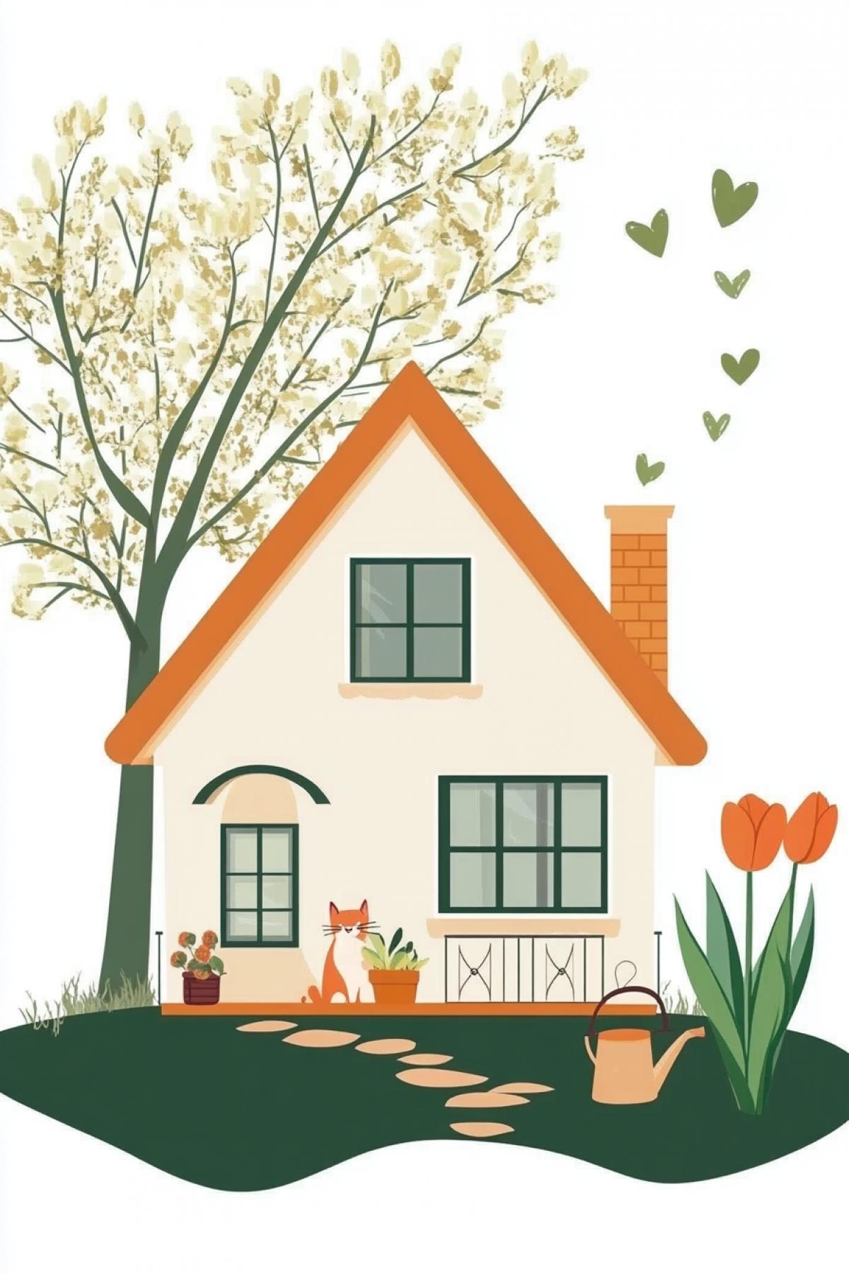 Minimalism, cartoon cute house with an orange roof, light windows, against the backdrop of a lush tree, large tulips blooming next to the house, a cute red cat on the porch, a small watering can