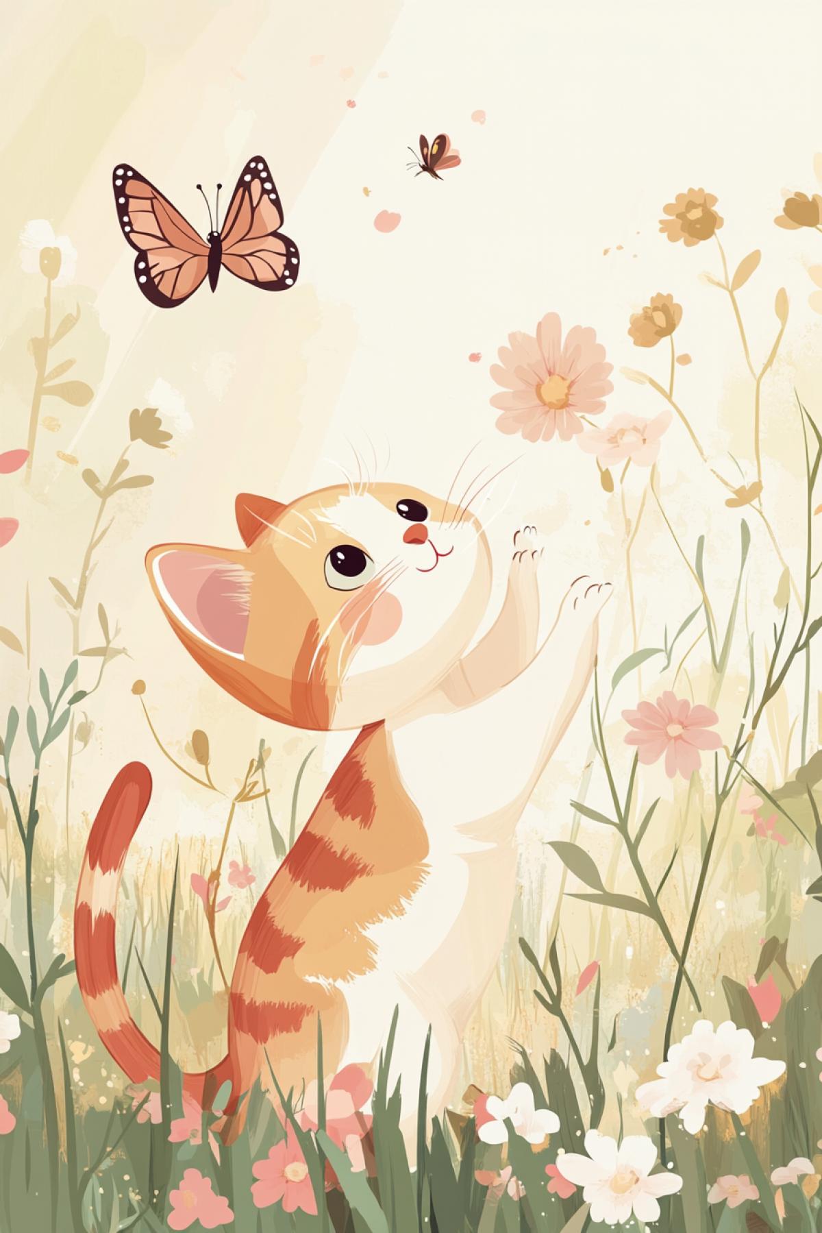 A cute kitten, chasing a butterfly, in a sunlit garden with blooming flowers, transmit a feeling of childish innocence and happy emotions, vector illustration, flat illustration, pastel colors, simple design, soft lighting and a warm atmosphere