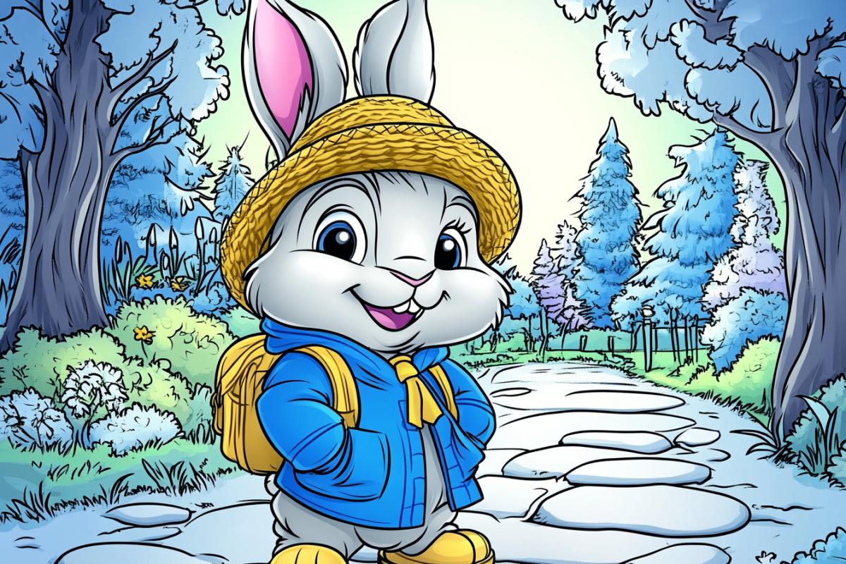 Not full color coloring book, Brother Rabbit in a blue jacket and yellow straw hat, in the background there is a dark and white forest field, sketch