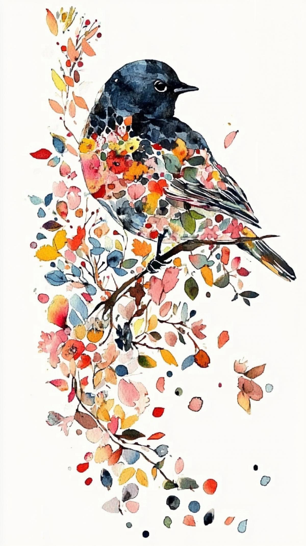 Bird on a branch, in a watercolor style, consisting of flowers of autumn color