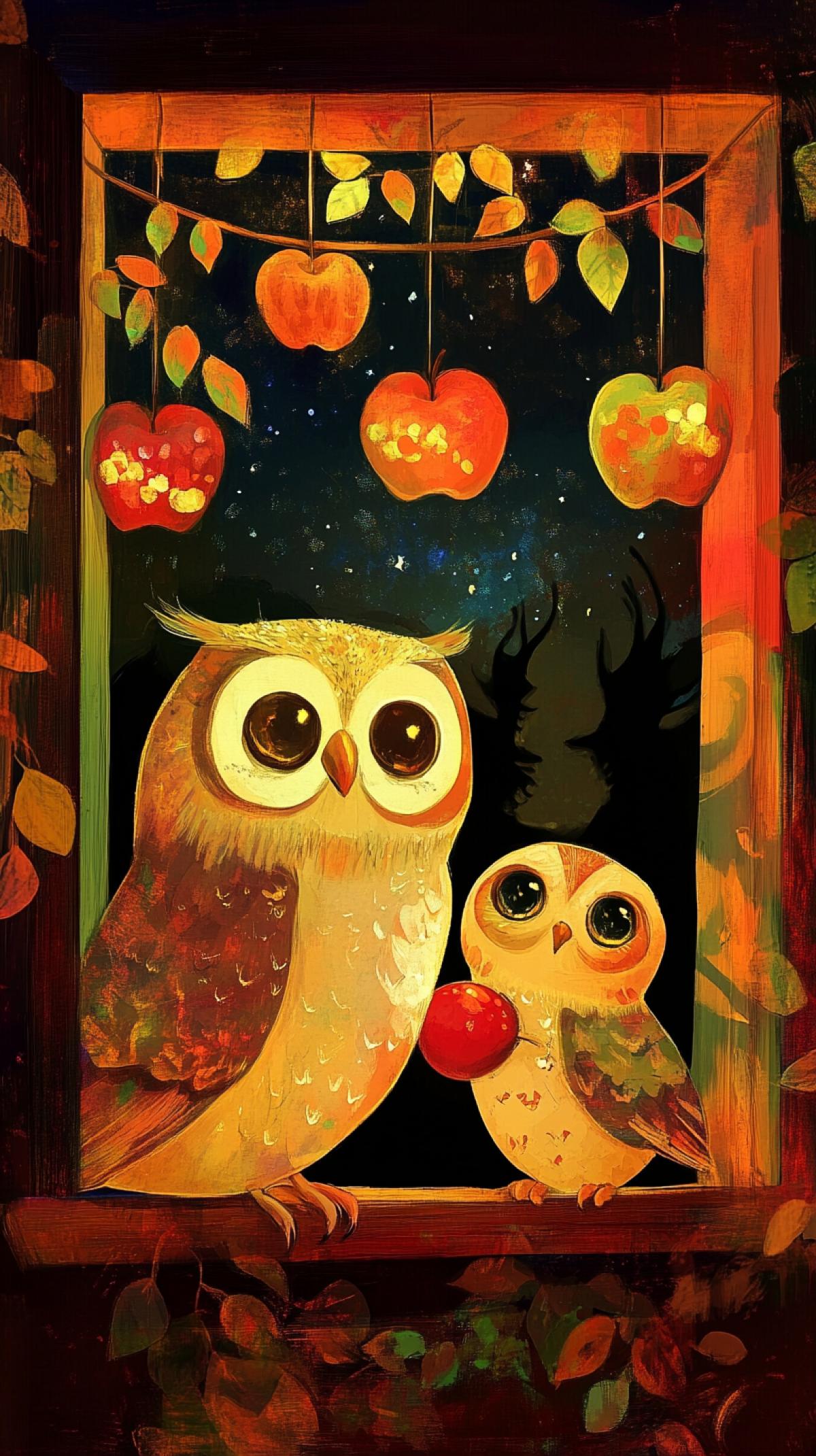 A fairy tale scene of two owls, one large and one small, sitting on a windowsill. The large owl holds an apple in its beak and they both seem to be looking at each other with a sense of curiosity or camaraderie. The window is decorated with apples hanging from above, and in the background are dark silhouettes of other owls. The background is a dark starry night sky and foliage framing the window where the owls are sitting with the apple. The style is illustrative with a warm, inviting color palette.
