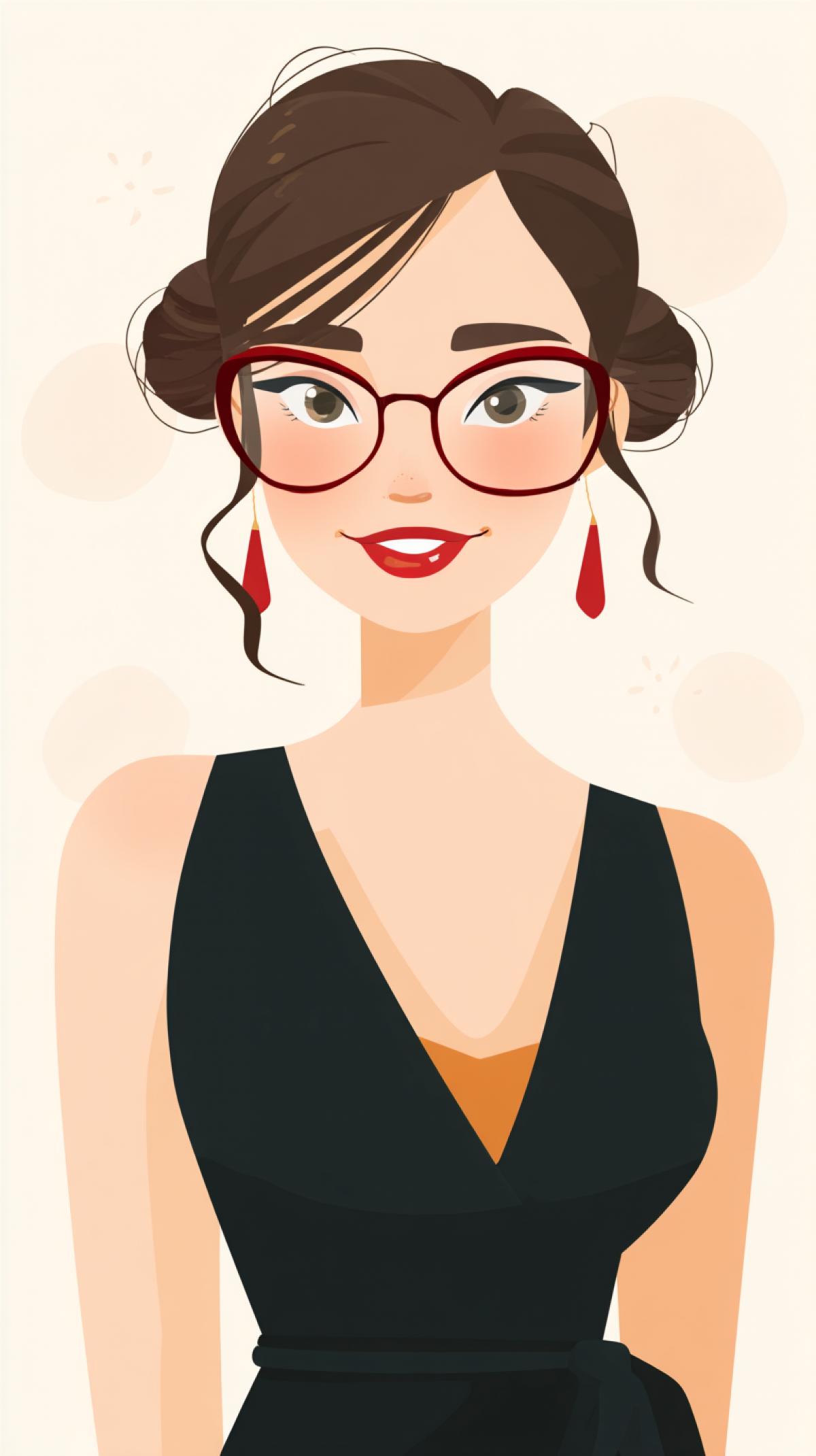 vector flat illustration, beautiful young smiling woman, glasses, formal dress, freepik