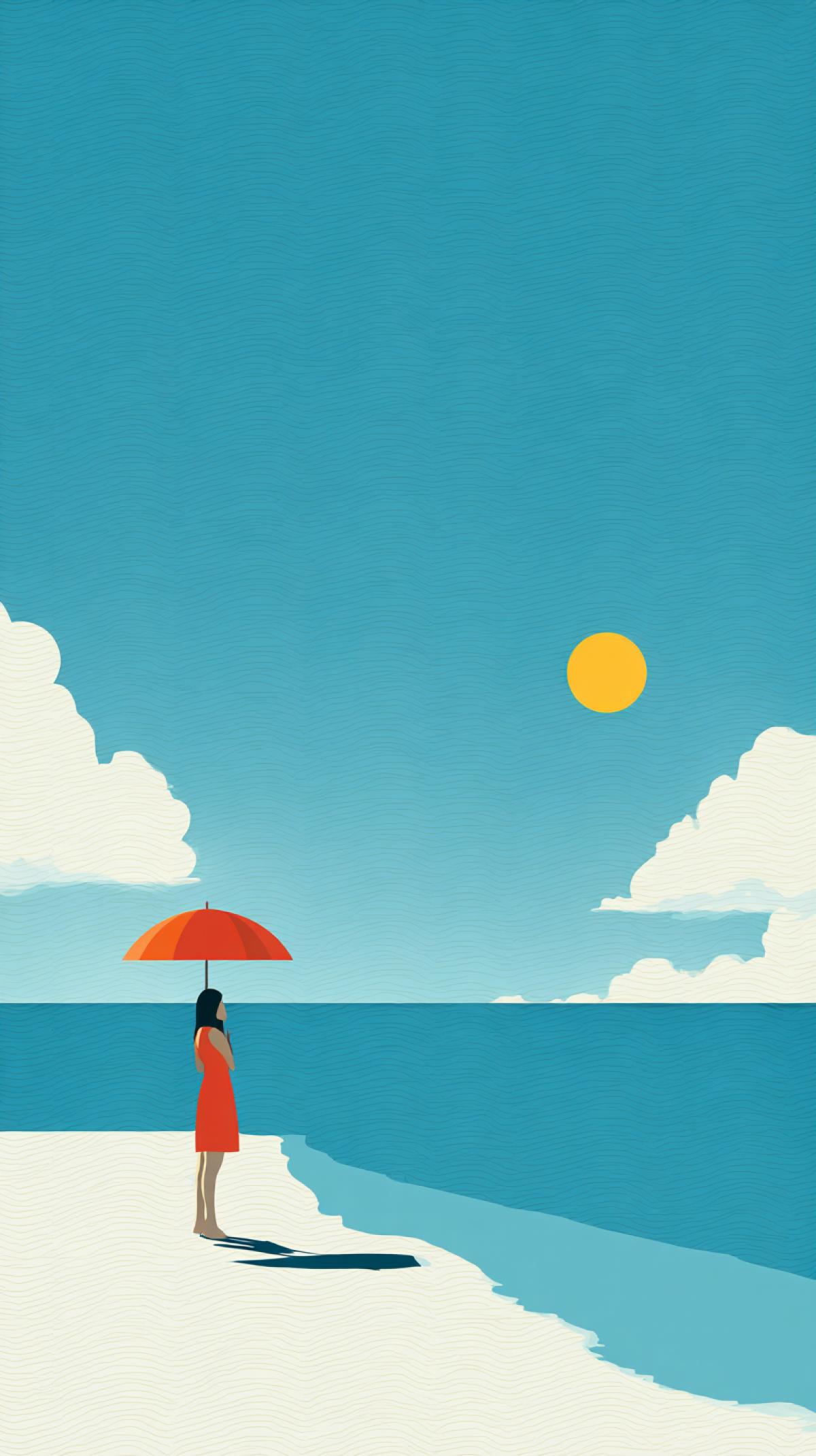 a flat design, minimalist beach scene, girl in a , umbrella, sea, sun. Focus on com4k, flat colors, minimal shadows.
