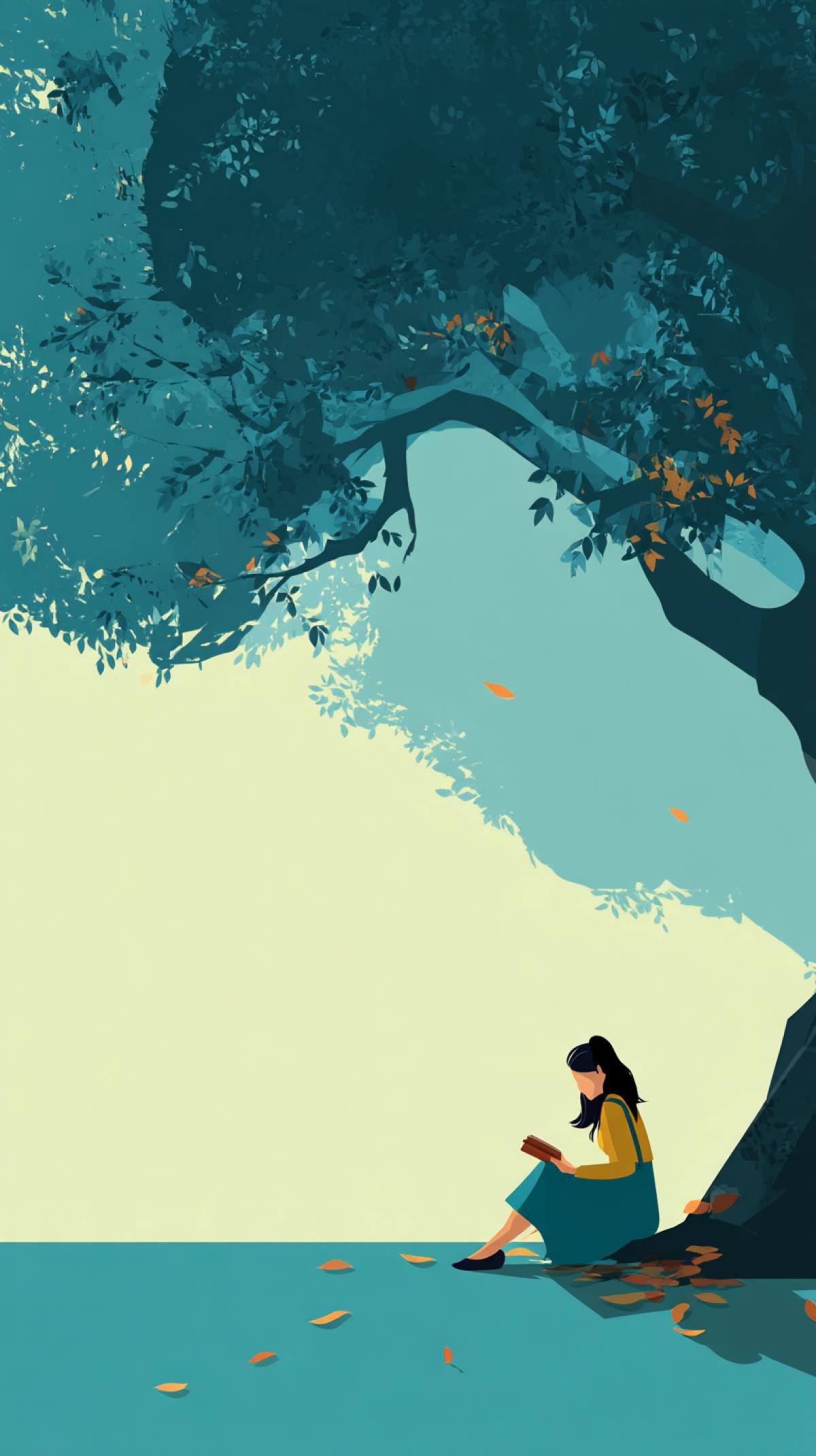 A narrative image in flat design style: a girl reading a book under a big tree, minimal shadows, flat colors, calm com4k.