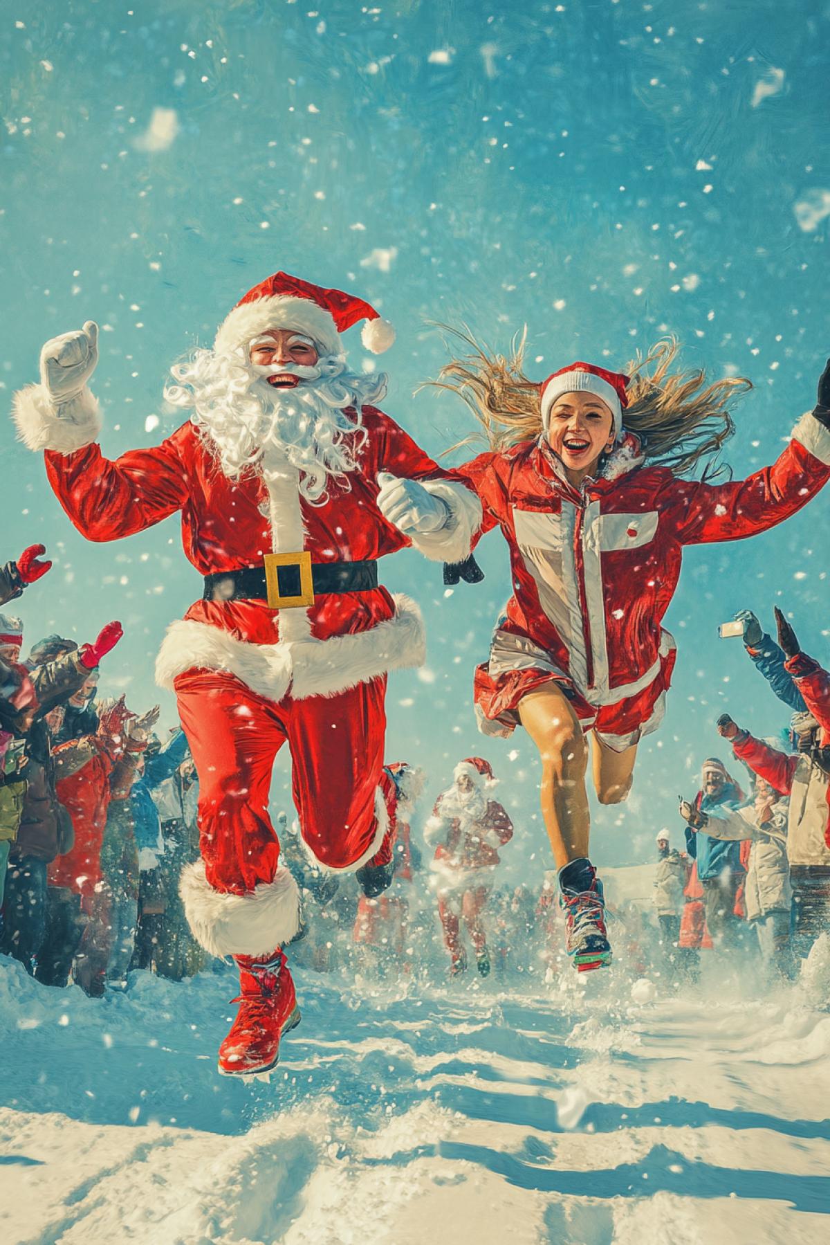 Poster, people are running, in costumes of Santa Claus and Snow Maiden. Air snow, spectators in winter clothes are rooting for athletes