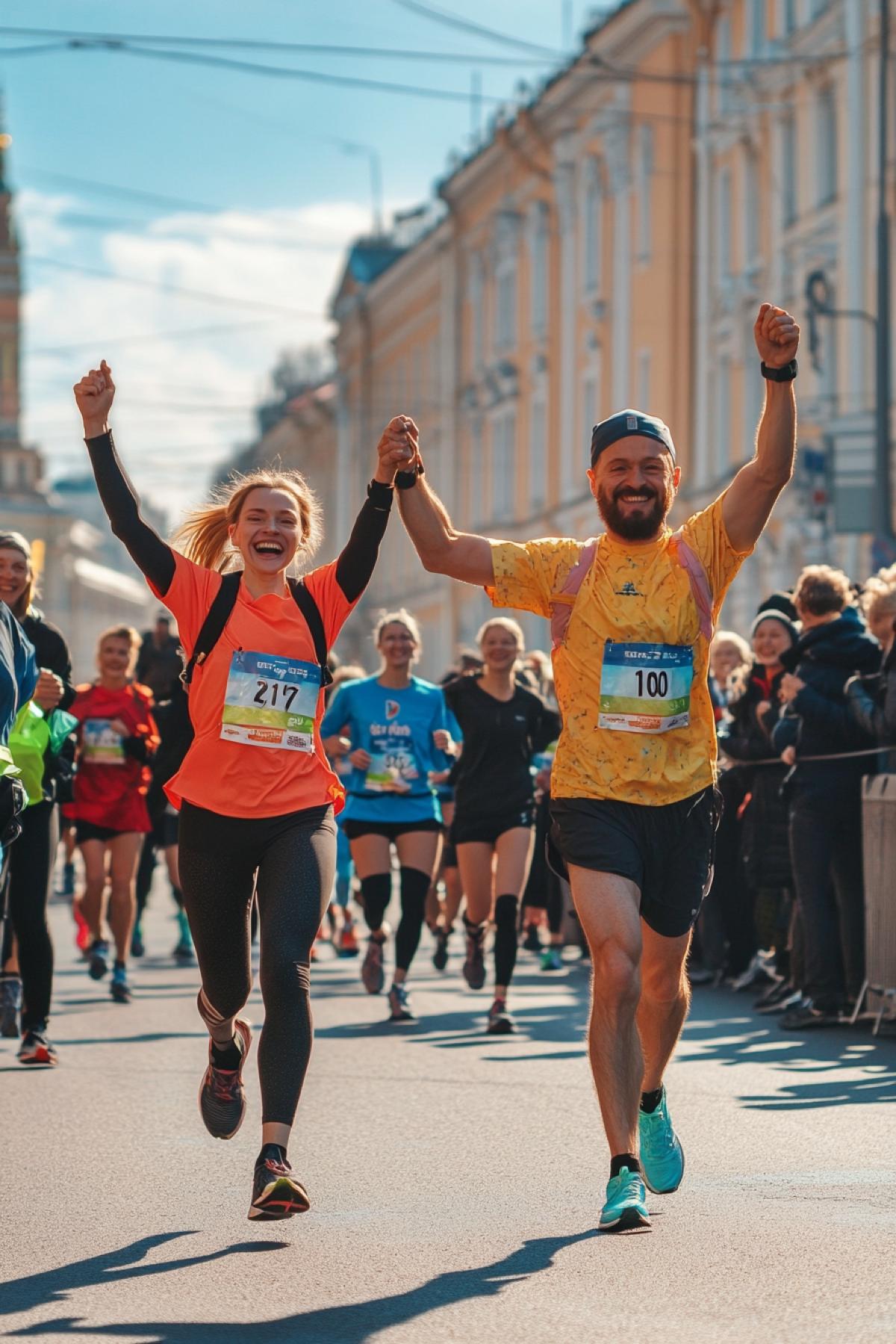 The advertising poster on which in the city of St. Petersburg is a marathon, joyful people, holding hands run, enjoy the views, fans joyful with smiles support them, the style should be modern