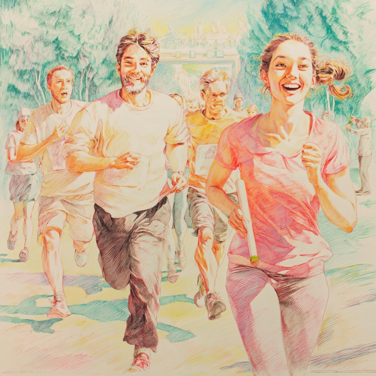 Advertising poster, people run a marathon, smile, sunny day, pencil drawing, bright colors, pastel