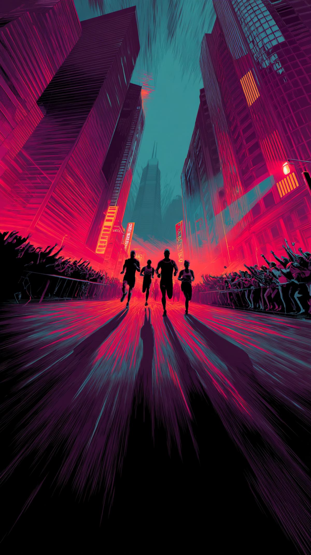 A poster for a running marathon with three runners on a city street. The scene includes dynamic blurring of the image in motion, shooting from a low angle and the applause of the crowd from both sides. The skyscrapers are illuminated with neon lights. The sky is designed in a dark color scheme. The design features bold lines and high contrast, inspired by classic American sci-fi action movies.
