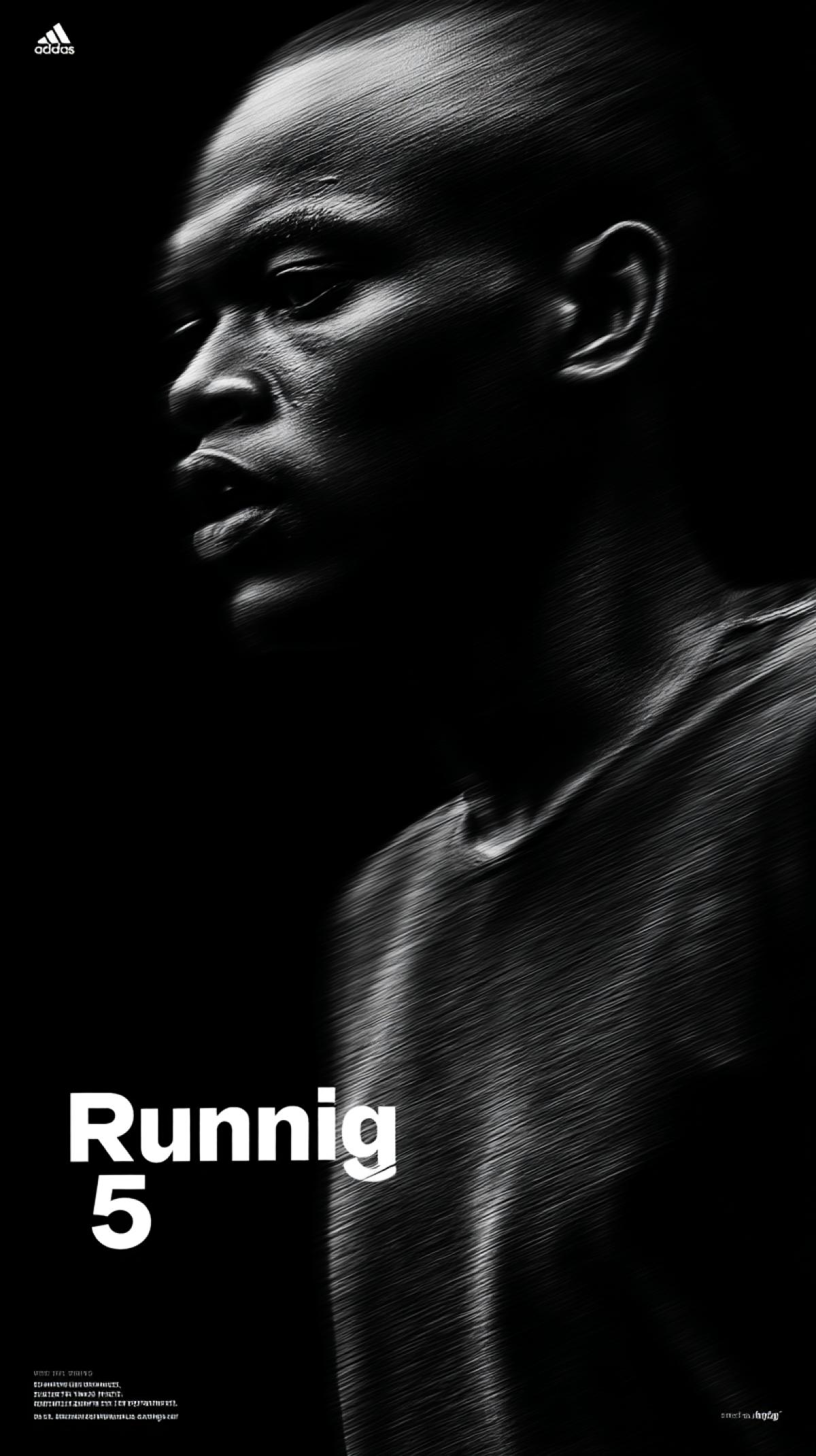 The modern poster text . \" Running 25 \" is an ultra-realistic photograph of a male model marathon runner, whose face is captured in close-up on a dark background. The model is wearing a simple sports T-shirt, shorts and sneakers in the style of Adidas. He is captured in the middle of movement, running, while his movements are slightly blurred. The image is slightly blurred, which creates a sense of dynamic energy. The spectacular lighting creates deep contrasts, emphasizing the soft texture of the fabric and the dynamic 4k. The minimalistic scene emphasizes movement and intensity.