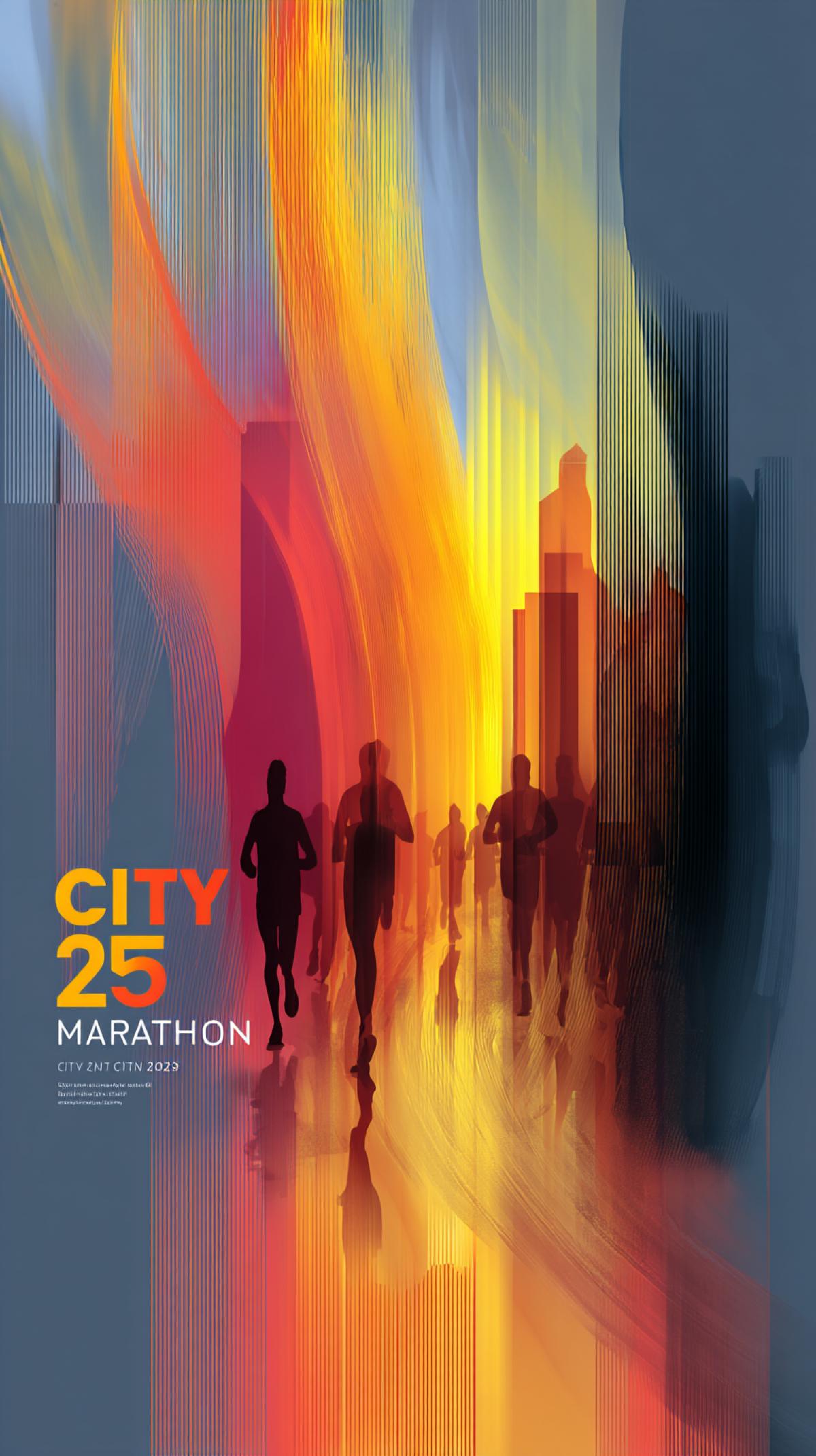 Abstract marathon poster. Dynamic lines, vibrant colors symbolizing speed and energy, silhouettes of runners, modern font, text. \" City Marathon 2025 \"