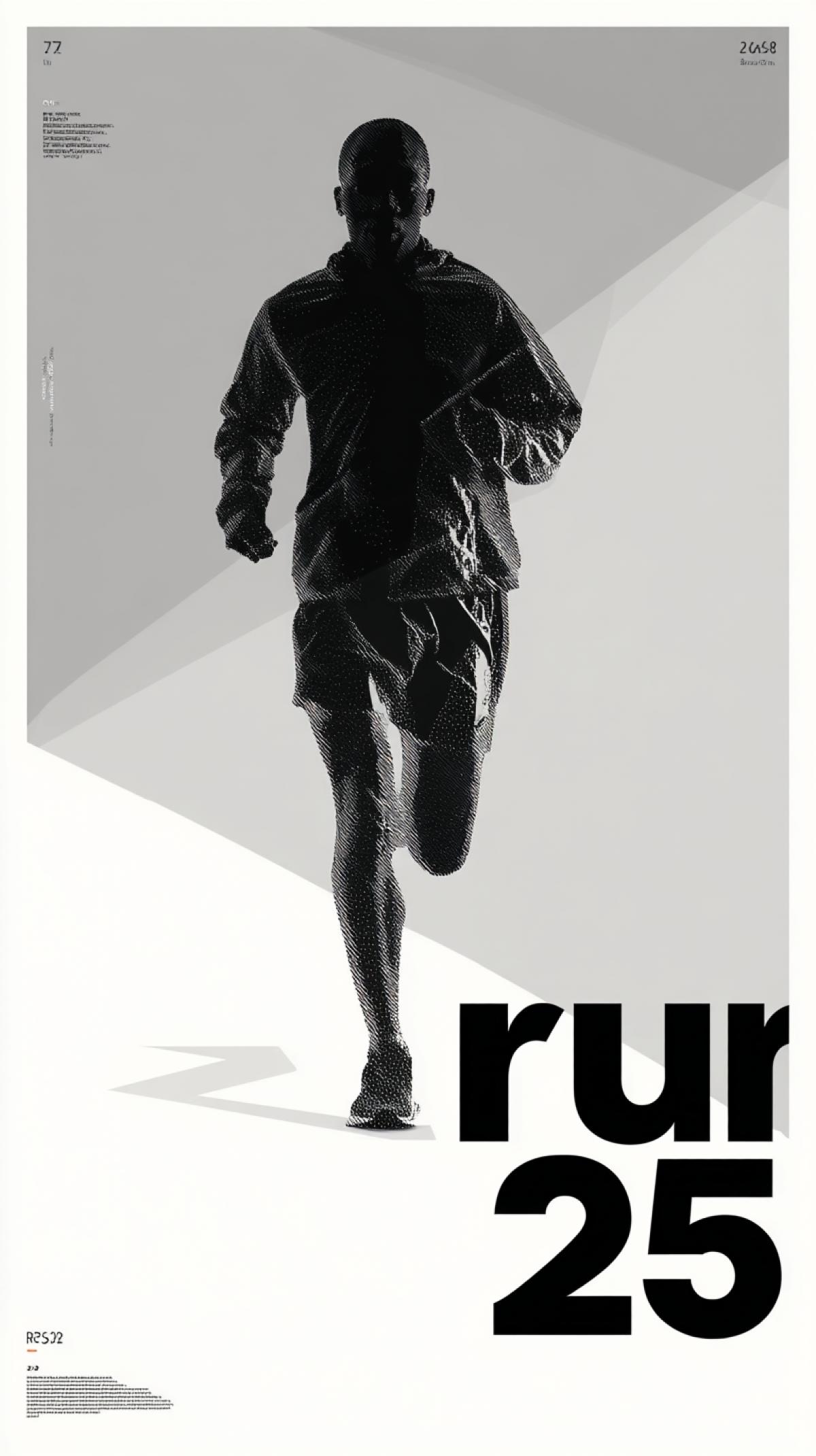Modern poster text . \" run 25 \". silhouette of a runner, sneakers, bottom view, triangulation, flat, vector, stock image