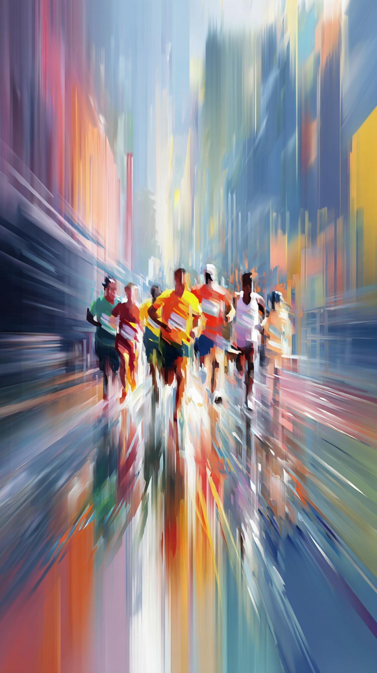 Kinetic art style marathon poster. Runners depicted in motion using blur and dynamic lines, bright, saturated colors, feeling of speed and rhythm, city background.