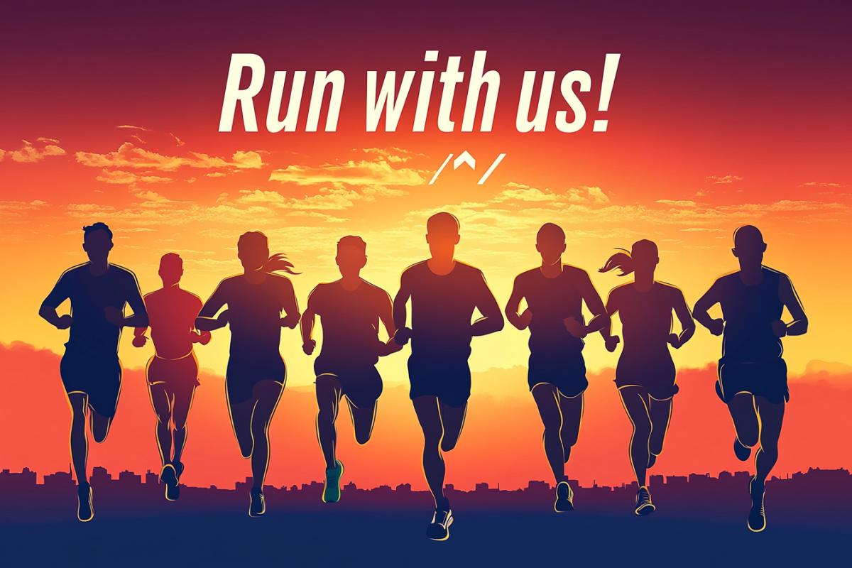 Marathon runners, dynamic 4k, vibrant colors, inspiring, sunset background, finish line, cheering crowd, sense of achievement, advertising poster, \"Run with us!\", bold text