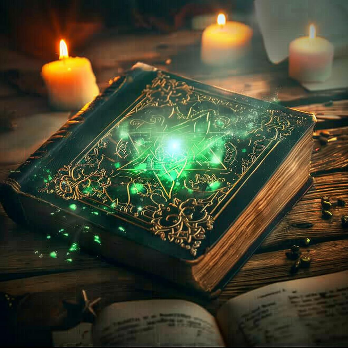 Ancient magic book, ancient, fat. . The book is open, on the pages the magic sign shines with green light, a ray of light from the book. . Against the background of candles, burning on the table, magic, spells, fear and horror. Photo of high quality