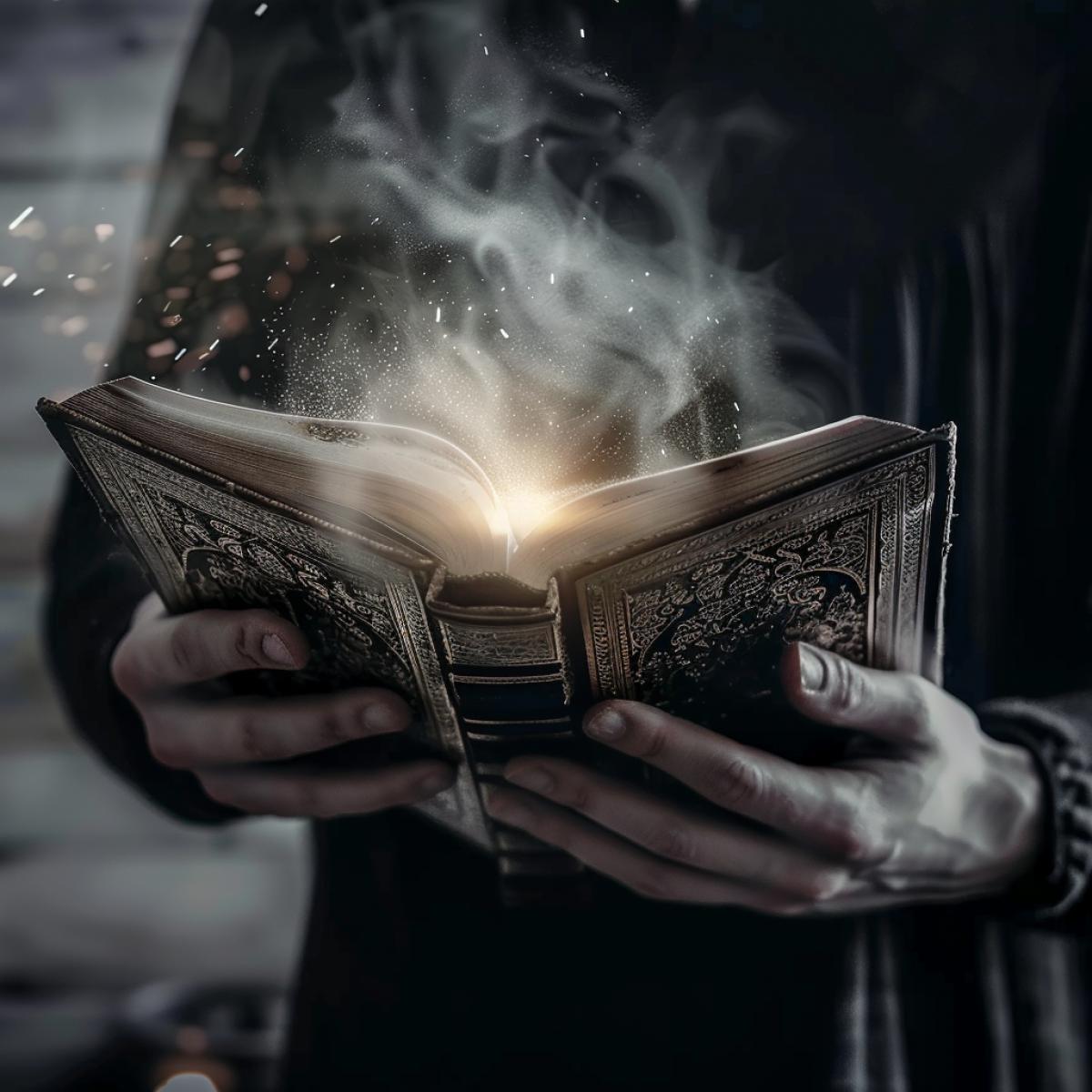 A person holds an open old book in his hands, in leather binding, decorated with patterns, a magic ancient book, light, dust come from the book. Hands show the sign with his hand. Witchcraft, magic, antiquity