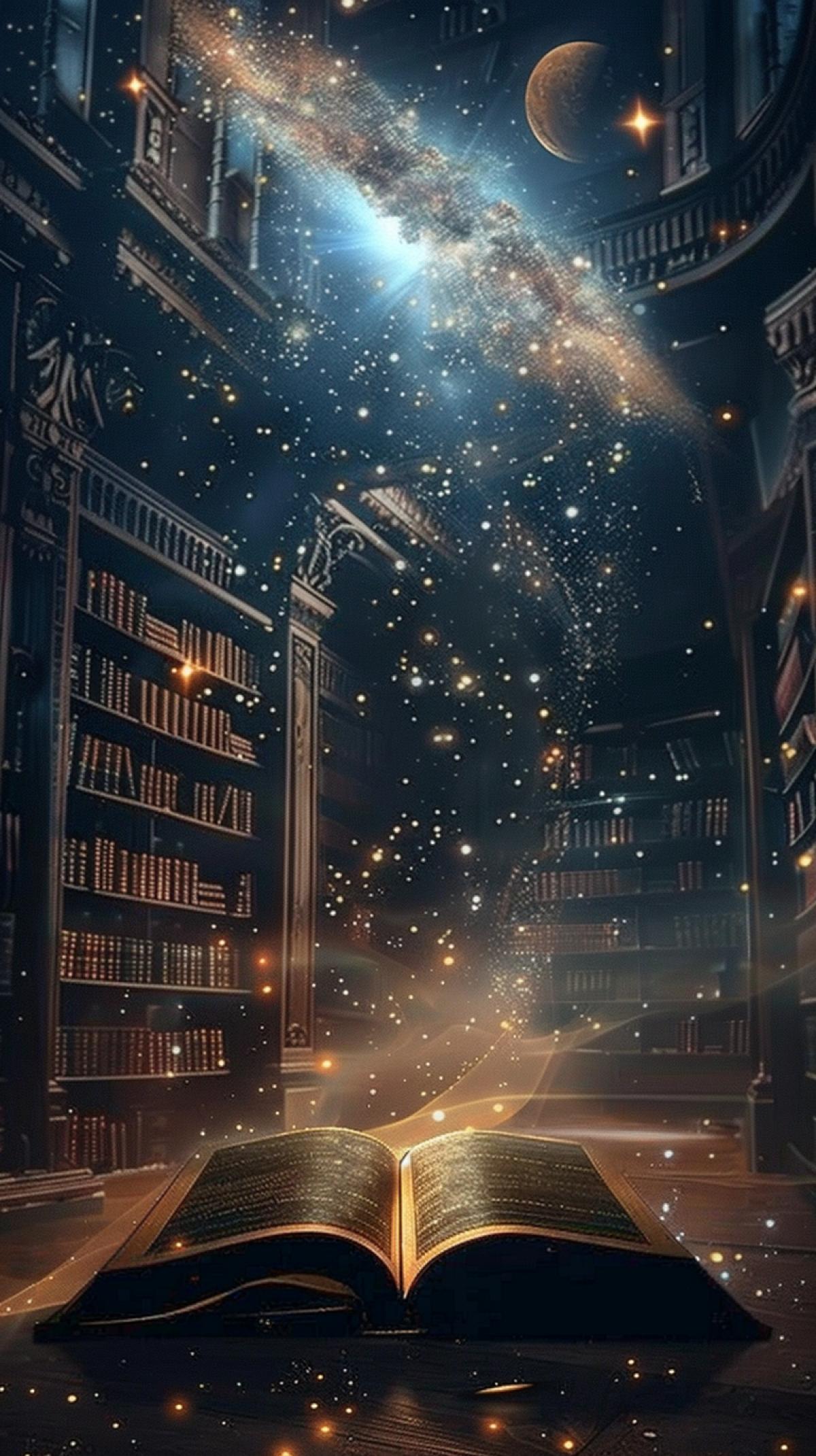 The magical old book lies on the floor of the old castle, the library, the book comes from the book, magical dust, stars, planets, haze. Magic atmosphere