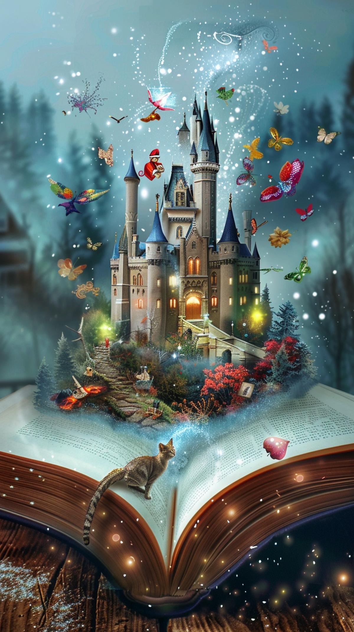The magic book is open, fabulous castles grow from the pages of the book, fairytale heroes Charles Perrault, Cinderella, Red Red Red Books, Cat in Boots, Castles, Magic, Magic inside the Book in volume
