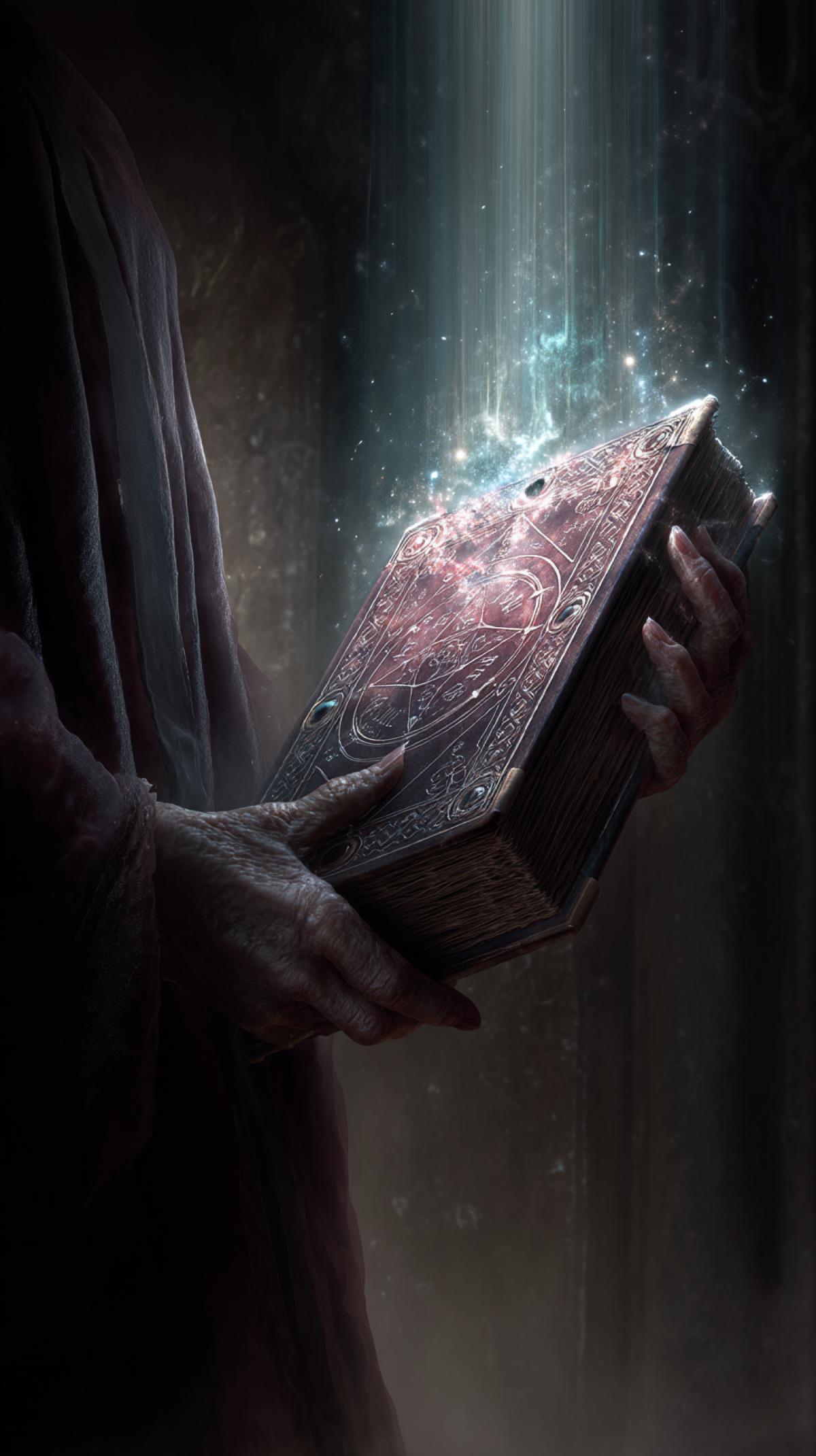 A grimoire, ancient and leather-bound, held in the trembling hands of an old woman, ethereal light illuminating the arcane symbols within, highly detailed, intricate, artstation, 8k resolution, hyperrealistic