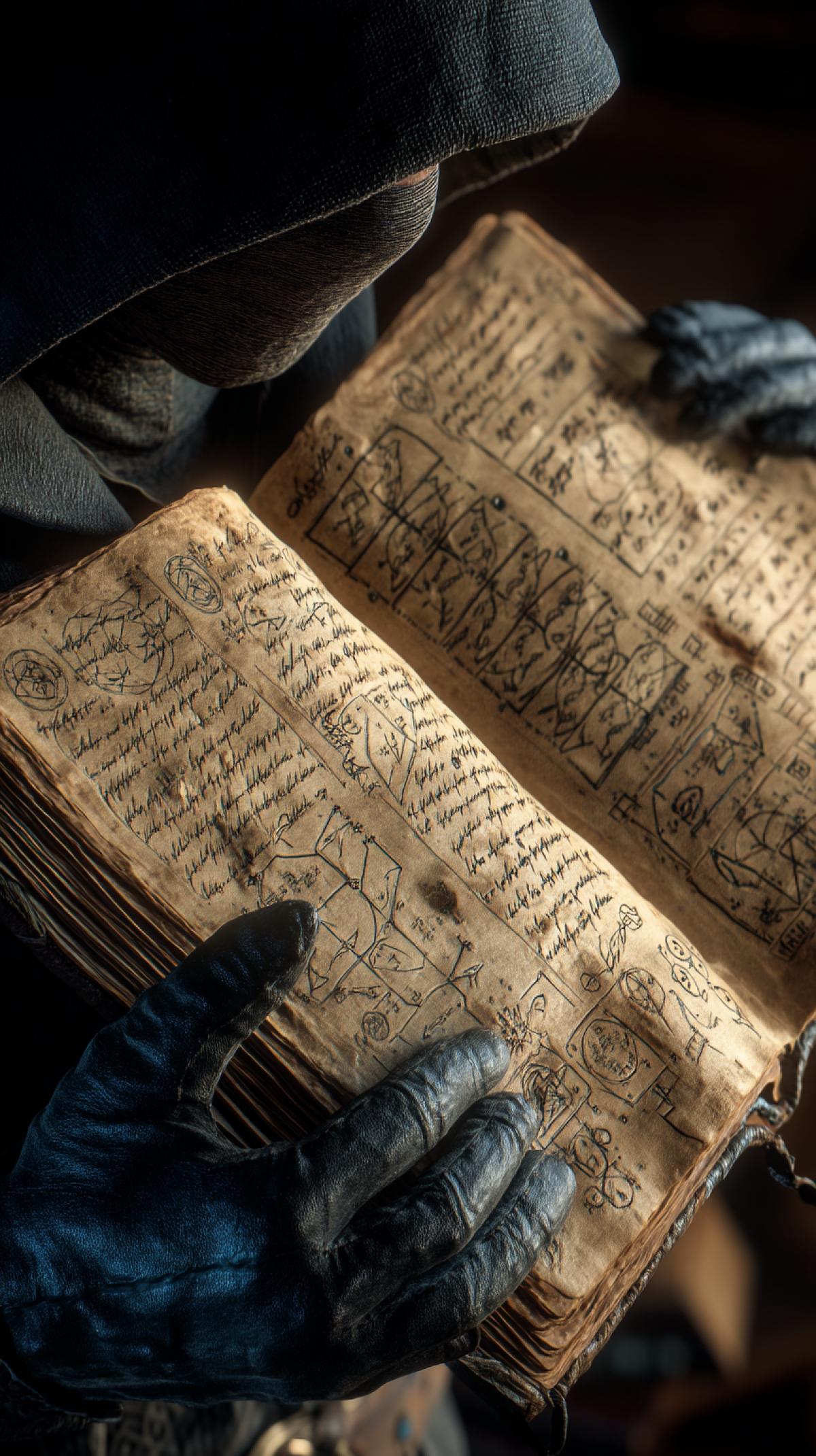 A weathered grimoire, its pages filled with handwritten spells and diagrams, clutched ly in the gloved hands of a hooded figure, dramatic lighting, cinematic, 8k resolution, hyperrealistic