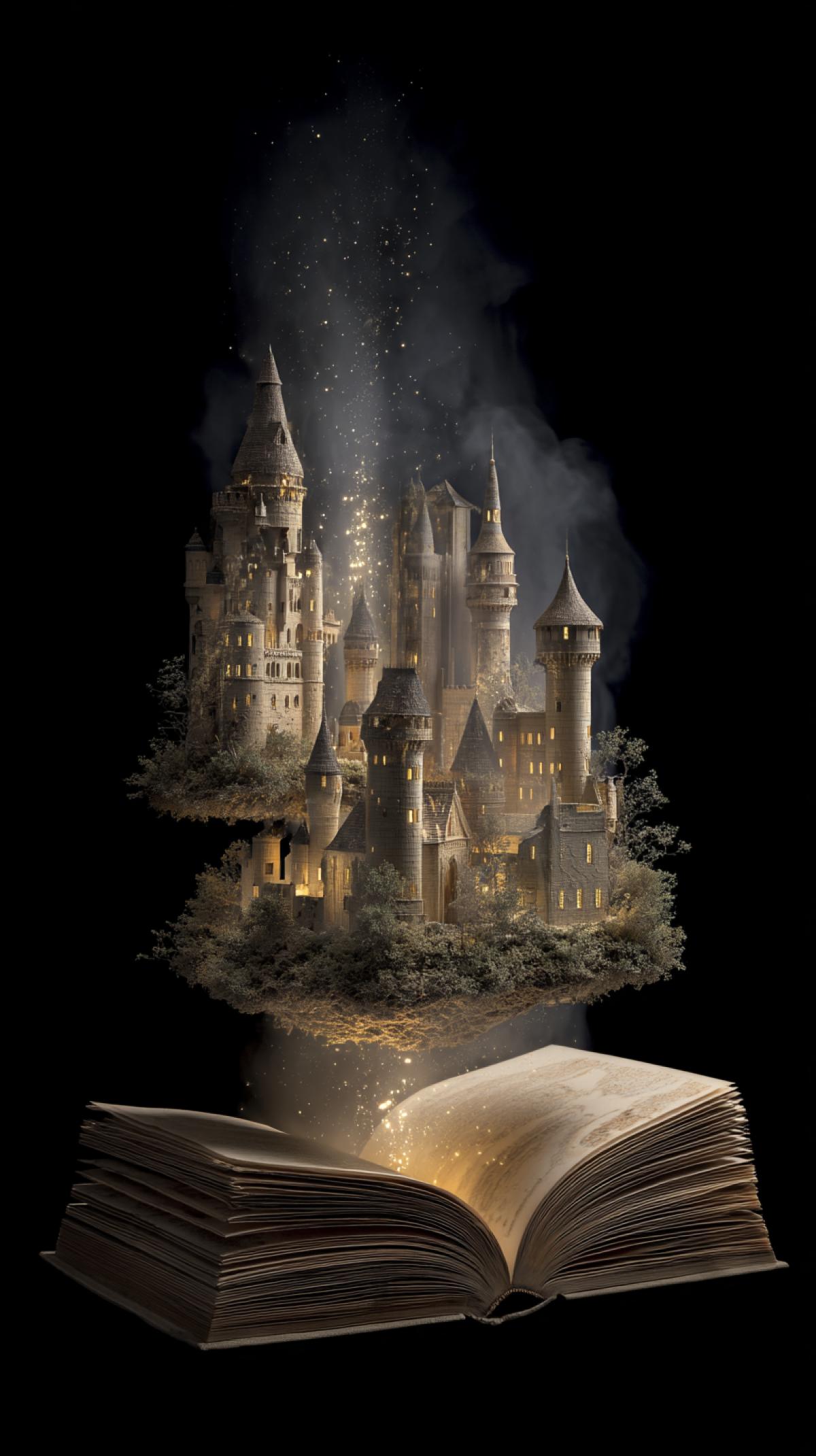 Imagine a big magic book floating in the air and open in the middle. Each page of the book depicts models of fairy-tale castles, shining, mysterious