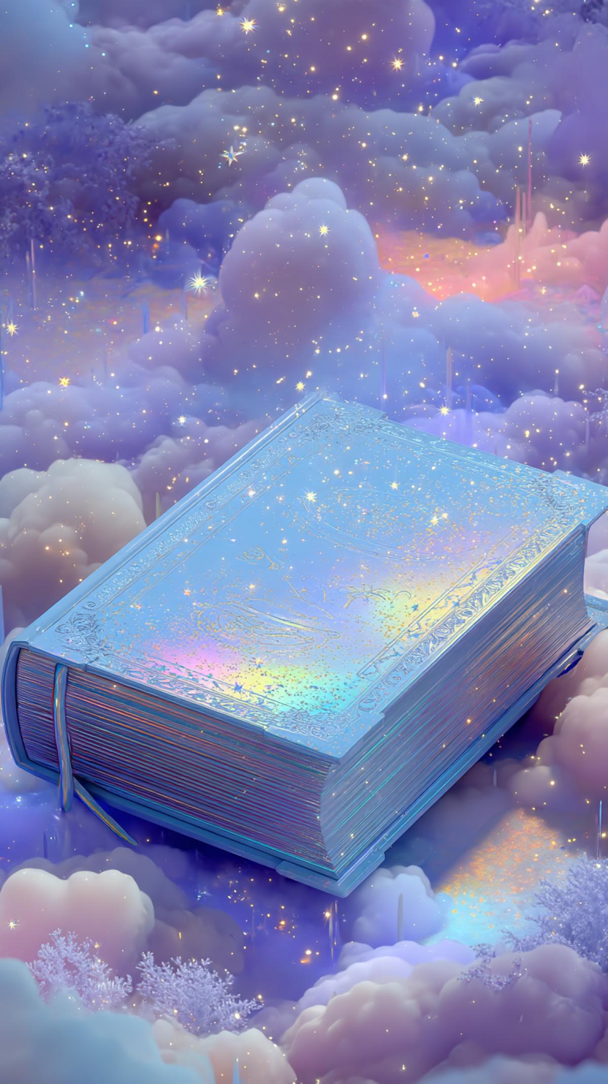The Dream Magic Grimoire is a highly detailed,. ultra-realistic 8K image of a pale blue grimoire. inspired by dark Clovers Dream Magic concepts.. The cover shimmers with all the colors of the rainbow and is decorated with images of clouds and. sparkling stars. The book is surrounded by a gentle blue glow. ,. with a light, dream-like mist and sparks floating around it. The pages. , covered with dreamy, floating runes, shimmer with an unearthly light.. The background is a surreal fairy-tale landscape with soaring. stars and soft pastel tones, which gives the grimoire a magical. and charming character