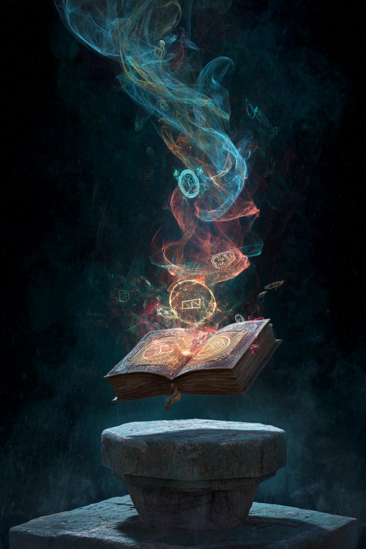 a single ancient magical book levitating above a stone pedestal, pages glowing with symbols of fire, water, earth, and air, faint colorful auras swirling around, dark mystical background, highly detailed fantasy art