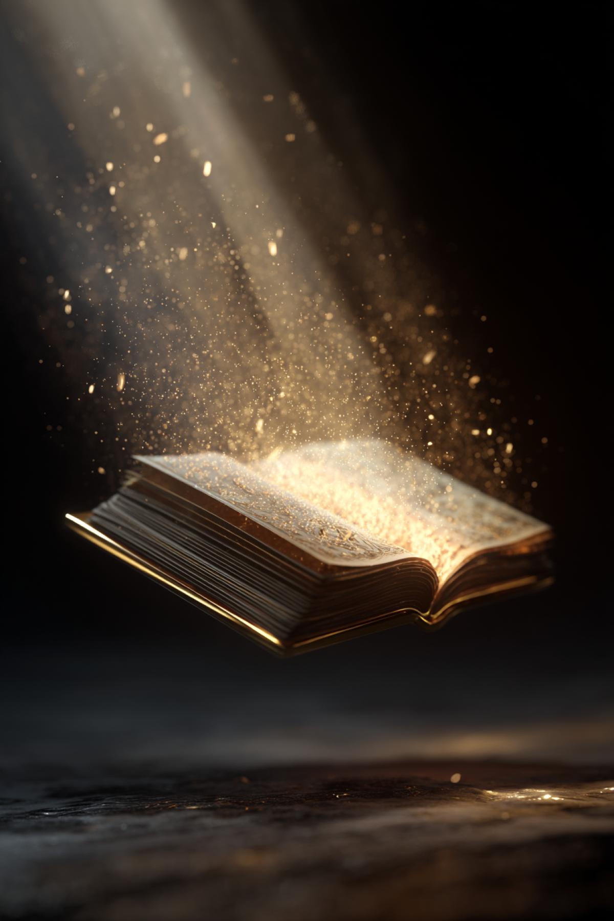 a luminous magical book floating in darkness, golden light beams bursting from the open pages, intricate delicate inscriptions shining, soft dust particles in the air, pure and ethereal atmosphere, minimalist fantasy