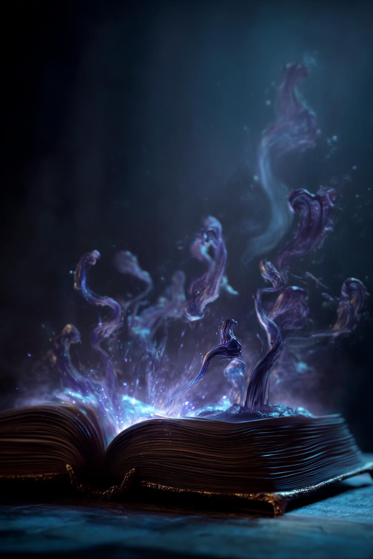 an ancient spellbook open with ink swirling up from the pages, forming mysterious shapes in the air, deep indigo and dark color tones, dramatic lighting, mysterious and elegant mood