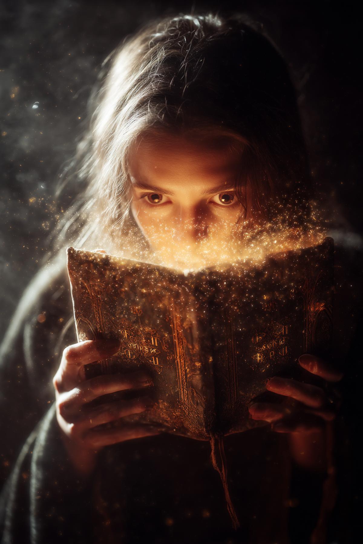 a young sorceress gently holding a glowing magical book, pages shining with golden runes, soft rays illuminating her amazed face, dark mystical background, delicate dust particles floating, cinematic fantasy mood