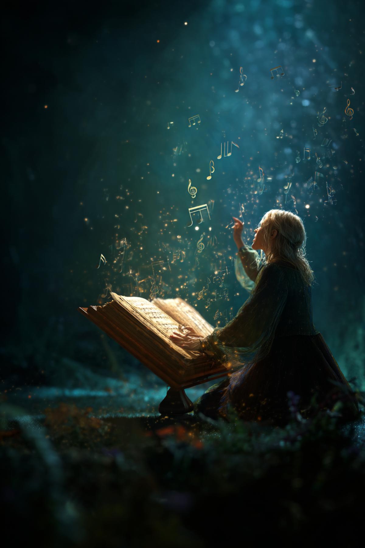 a mystical bard woman singing into an ancient magical book, glowing musical notes floating out of the pages, night forest background lit by soft moonlight, dreamlike magical atmosphere, vibrant and detailed