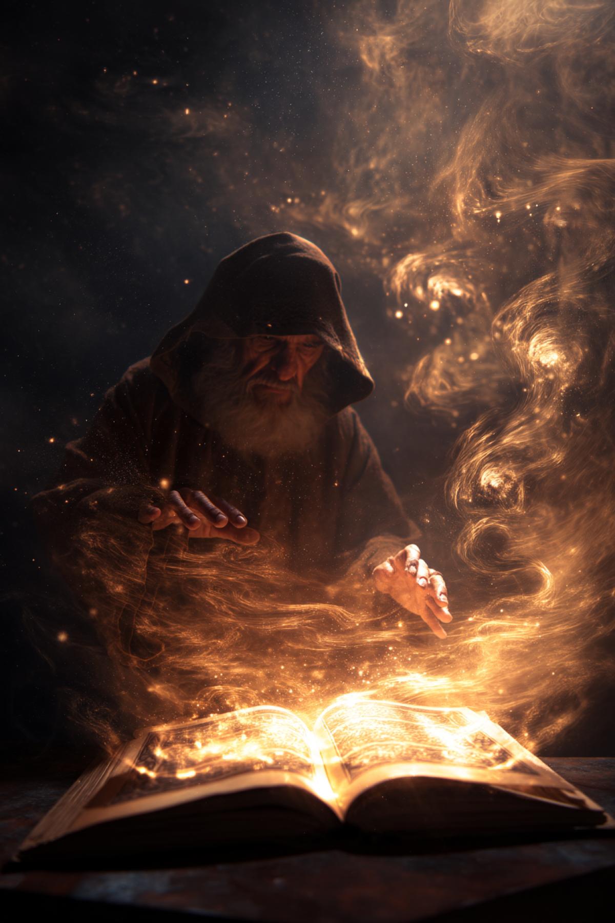 an old wizard standing in the shadows, hands hovering above an open magical book radiating elemental powers fire, water, earth, air swirling around, dramatic lighting, mysterious and powerful atmosphere