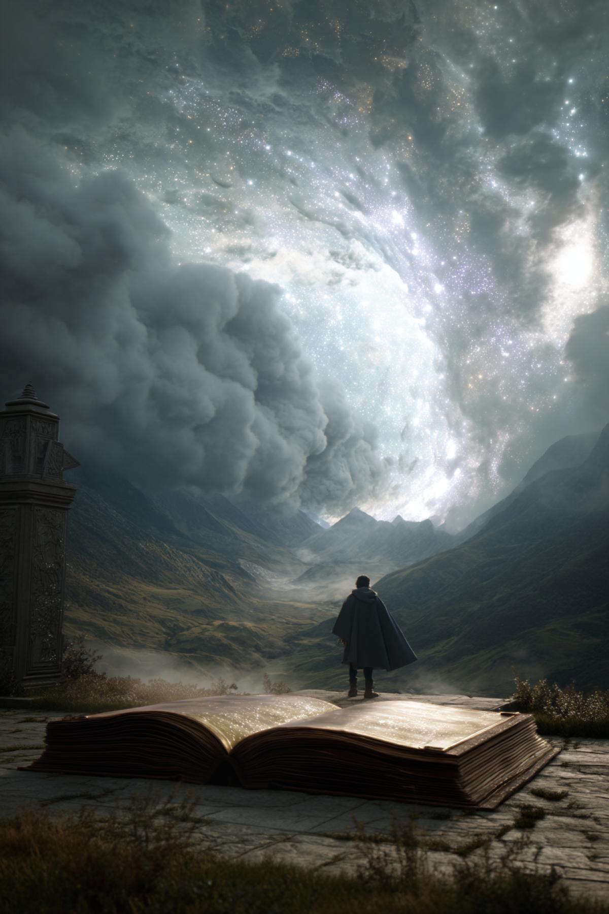 a lone traveler standing before an ancient open magical book lying on a stone altar, a swirling portal of stars emerging from the pages, winds blowing his cloak dramatically, vast mystical landscape behind, epic fantasy feel