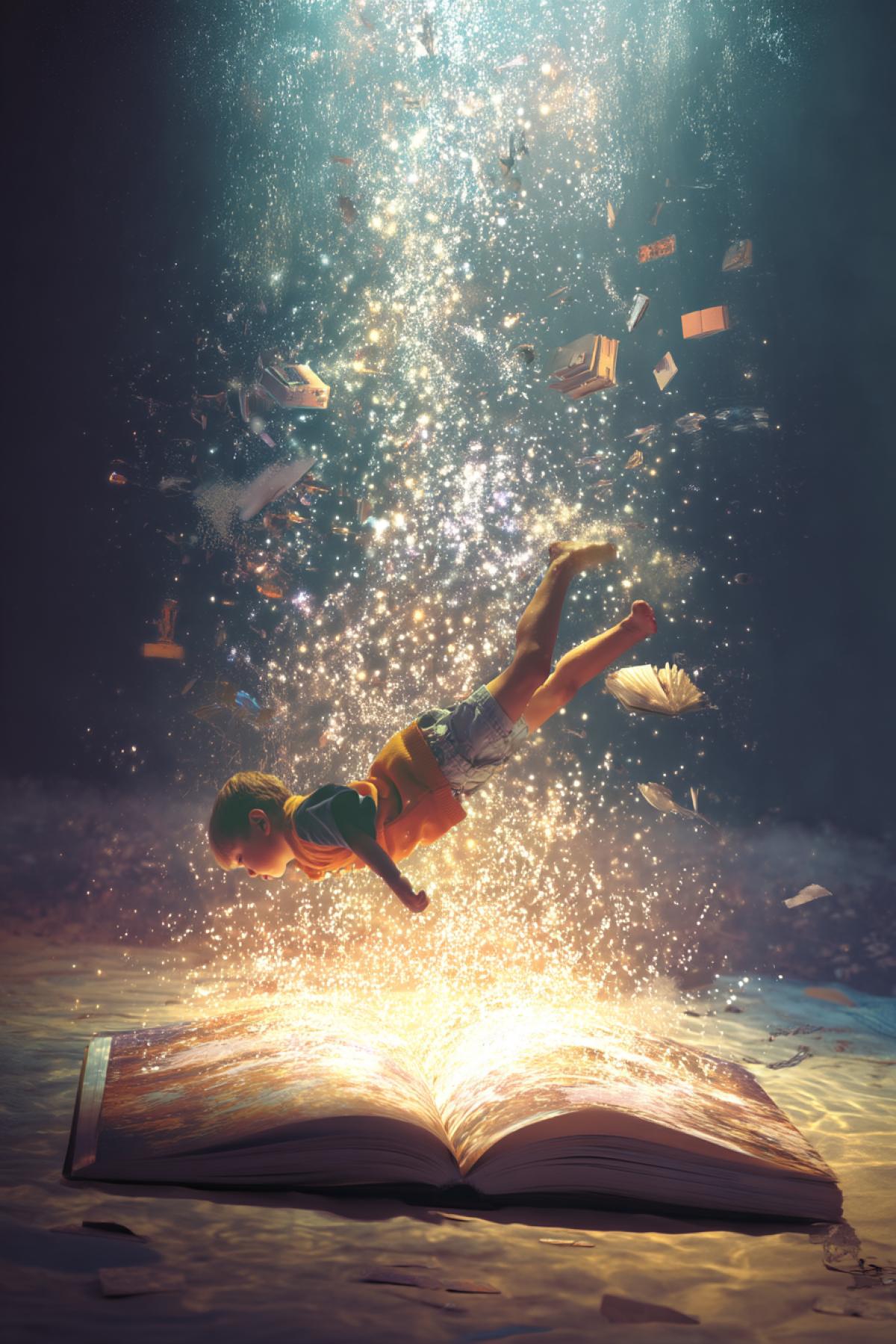 a child diving headfirst into an enormous open magical book, splash of light and stars exploding from the pages, surrounded by floating symbols and miniature worlds, adventurous and whimsical mood