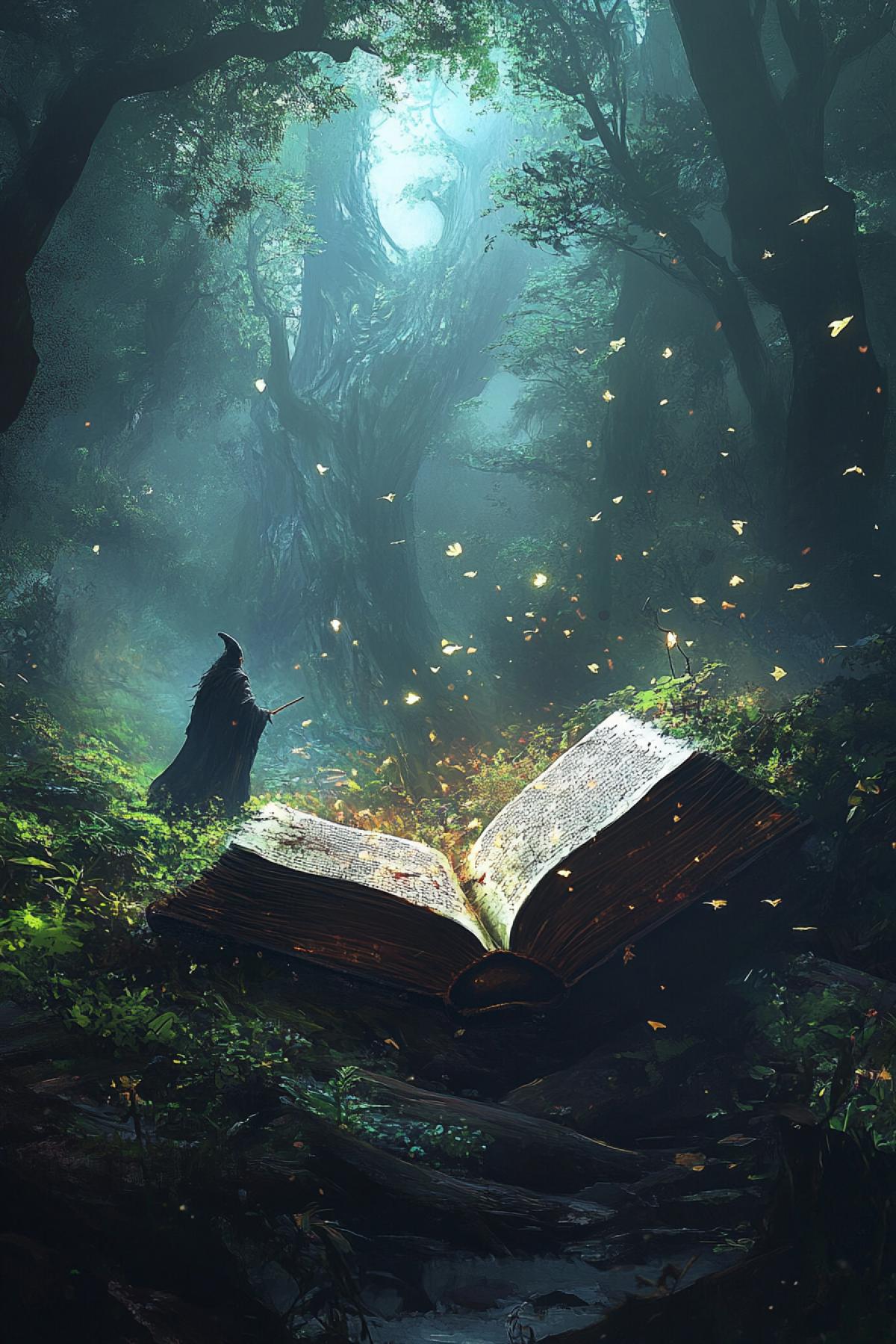 A book that fulfills evil desires somewhere in the forest with a wizard