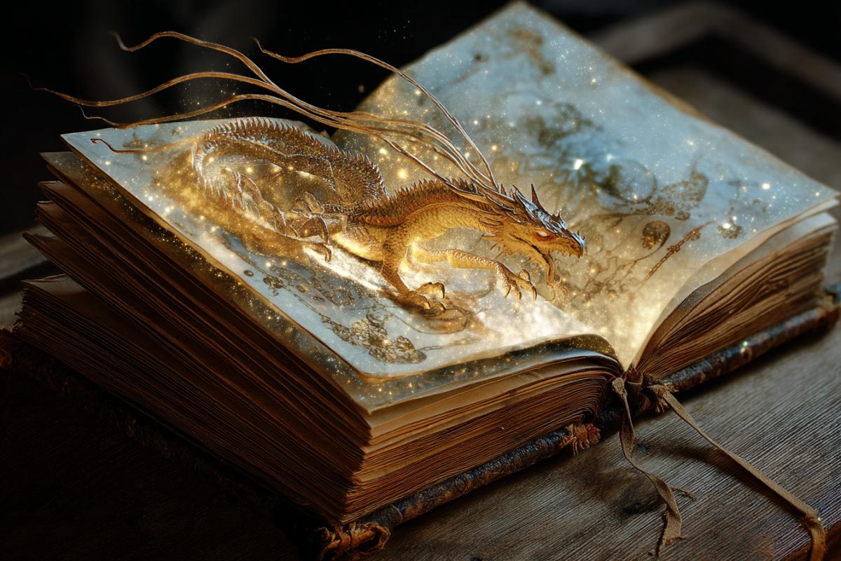 Magic Magic open book Crystal SelfCeaters Folio ancient binding and the form of the dragon steampunk surrealism prana star