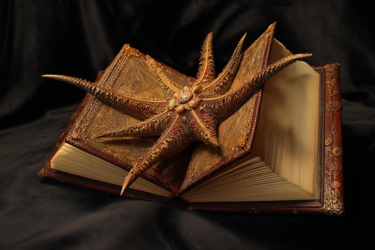 Magic Magic open book Crystal SelfCeaters Folio ancient binding and the form of the dragon steampunk surrealism prana star