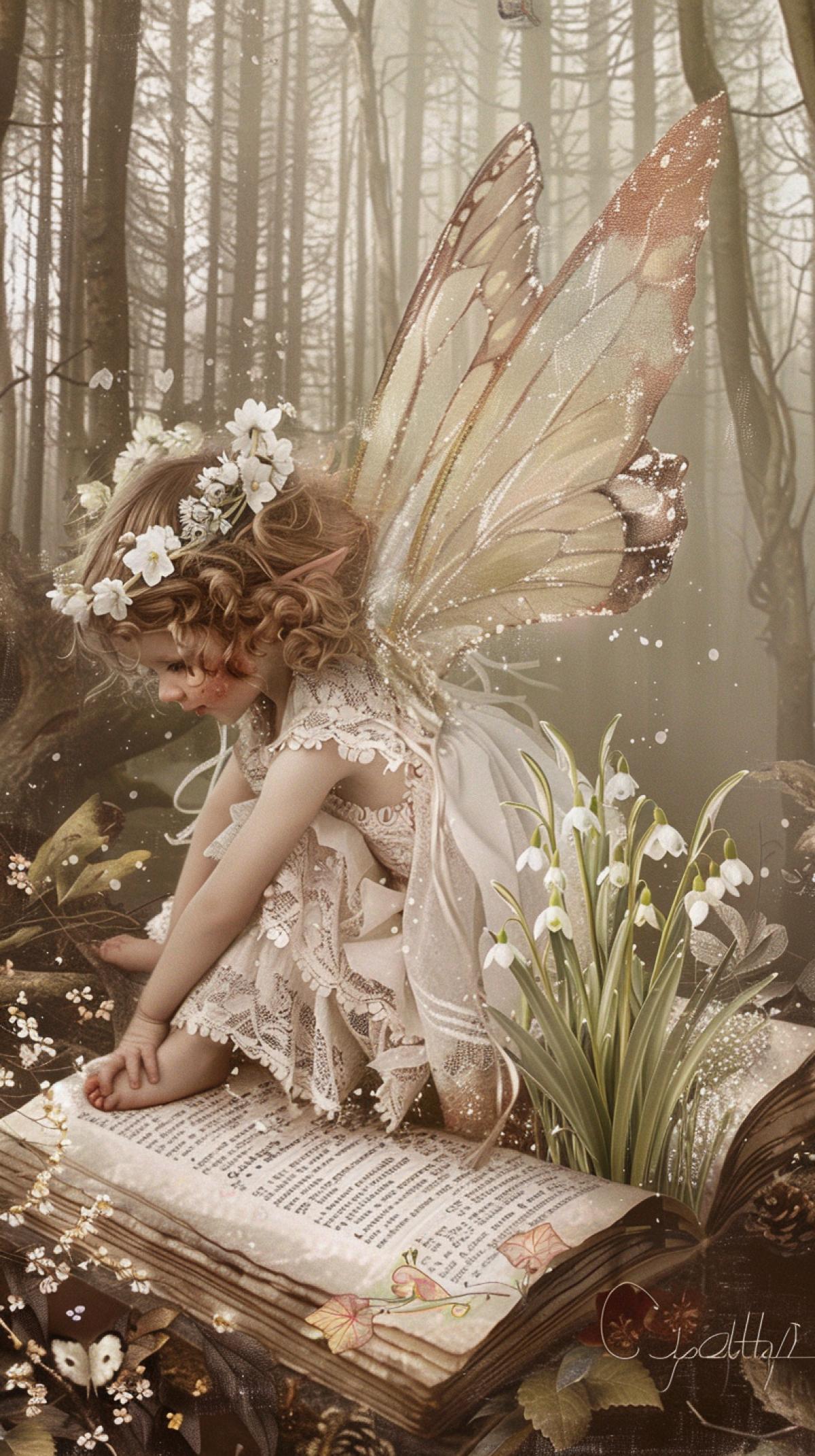On the open book, old sheets appear an airy cute creation of a little fairy with cute powdery curls, she admires how delicate snowdrops and hyacinths bloom intricately on the pages of the book at her feet, the background is intricate trees of a fairytale forest, fabulous, vector graphics, haze, In the style of Josephine Wall, Gustav Klimt, Lee Bogle