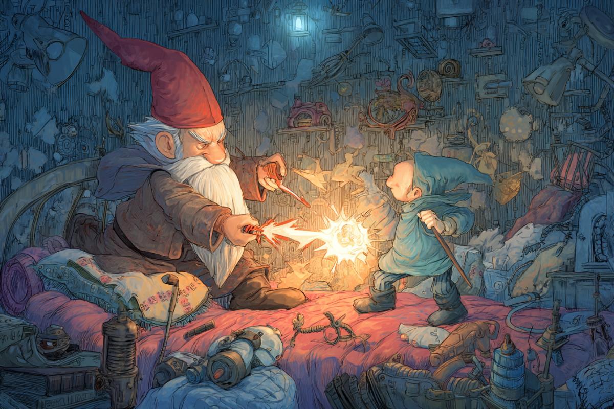 Gnome against the elf Epic fighting pillows Illustration for the childrens book Steampank Magic Fentesisi Surrealism of a star