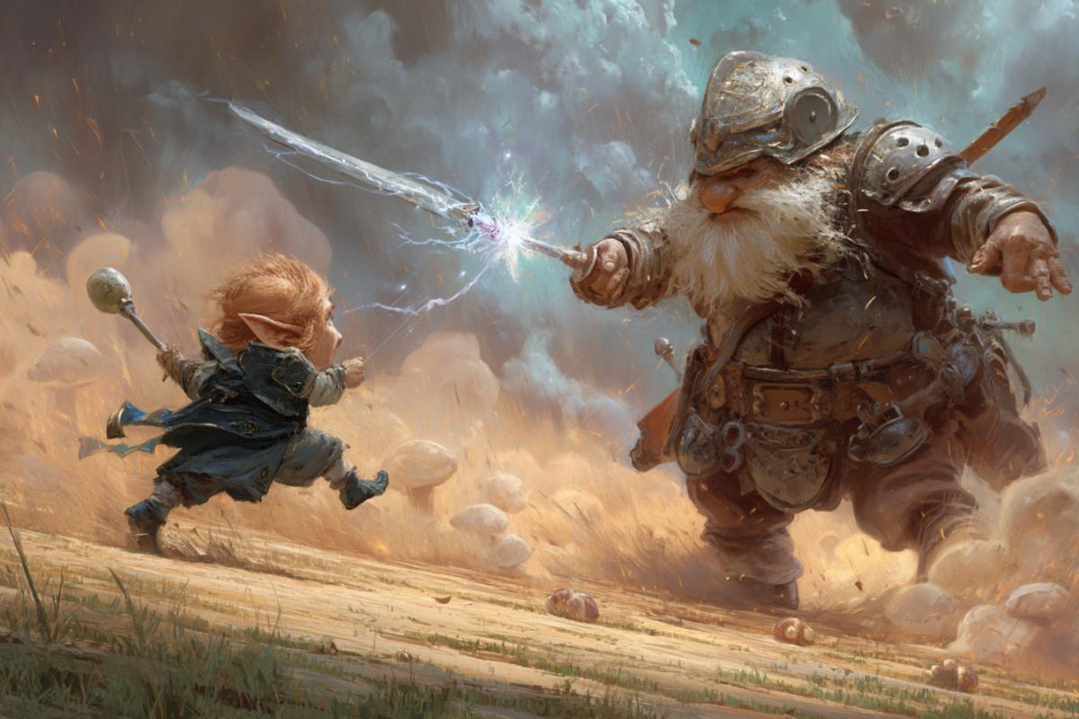Dwarf against the elf Epic battle Steampank Magic Fantasy Star Surrealism