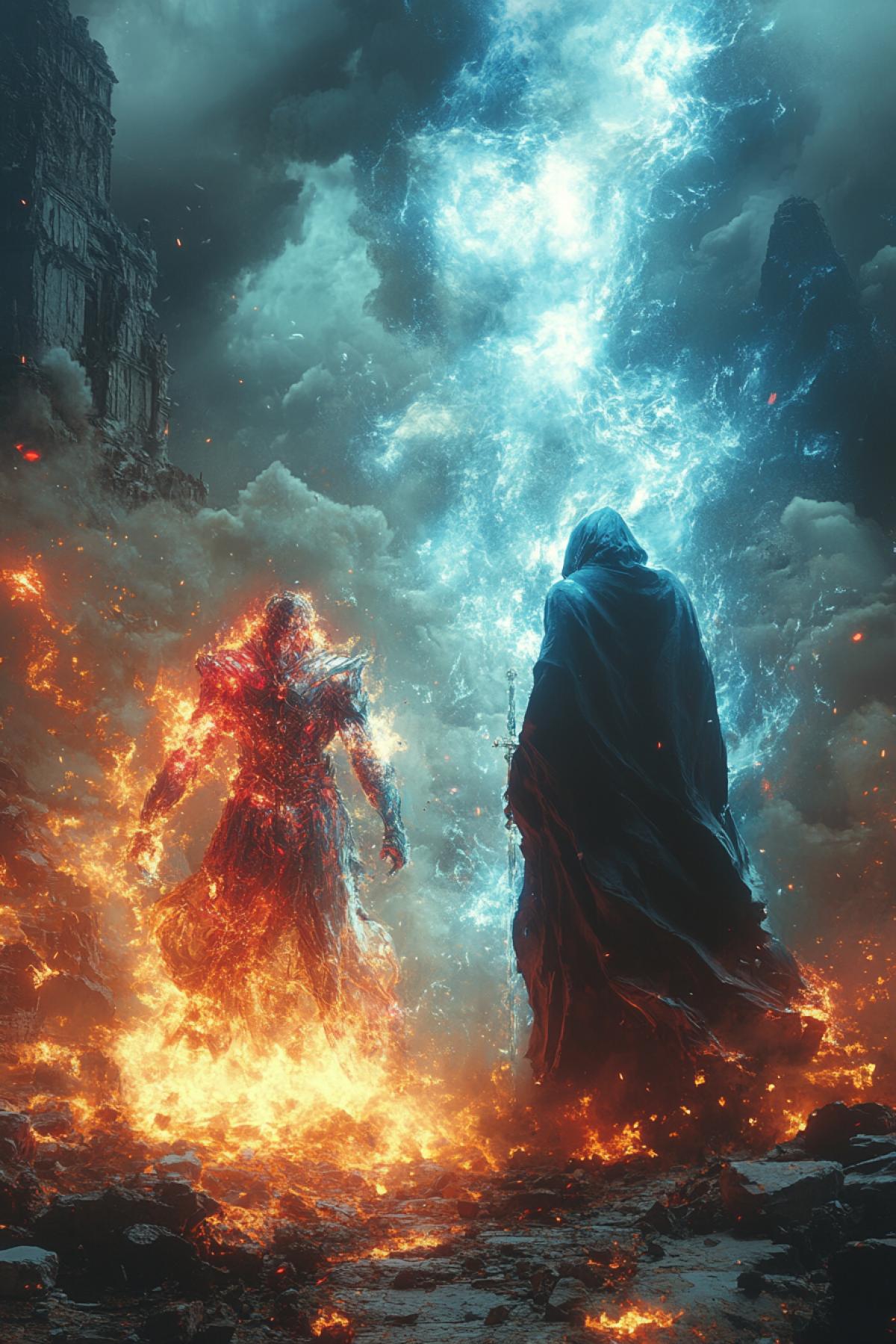 Two characters lead an epic and dynamic battle against the background of a destroyed ancient temple under a thunderstorm, gloomy sky. On the left is a powerful warrior in brilliant sparkling armor, with a long sword emitting magical energy. He is in an active attacking 4k, his muscles are tense and prepared to deliver a powerful blow. On the right is a dark magician in a long mantle, surrounded by clubs of mystical smoke and flame, his eyes shine with an ominous scarlet light. Between them, explosions of magic and sparks of clashes that illuminate the scene and create the effect of tension and movement. The wind throws their clothes and hair to the sides, fragments of stone and sparks fly around. The atmosphere is incredibly tense and spectacular, with a focus on the battle and contrast of light and darkness.
