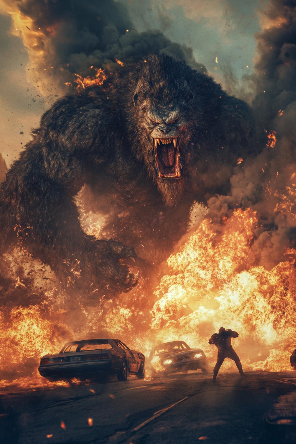2 large beasts are conducting an exciting battle somewhere against the backdrop of burning cars