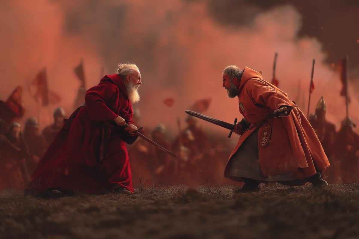 Create an image in which two Shaulinsky monks lead an exciting battle