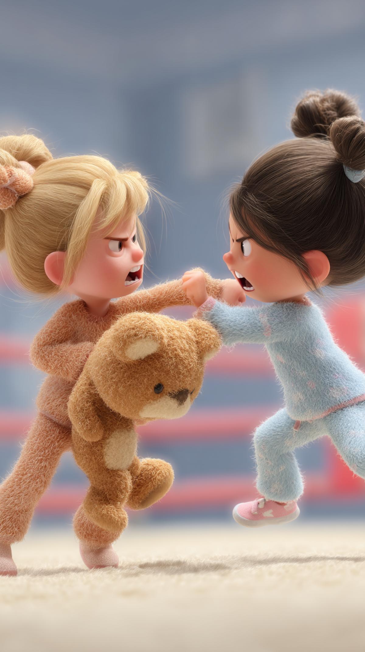 Two little girls are fighting over a teddy bear, pulling each others hair, punching each other in the face, boxing ring background, 3d rendering of cartoon characters, Pixar Disney
