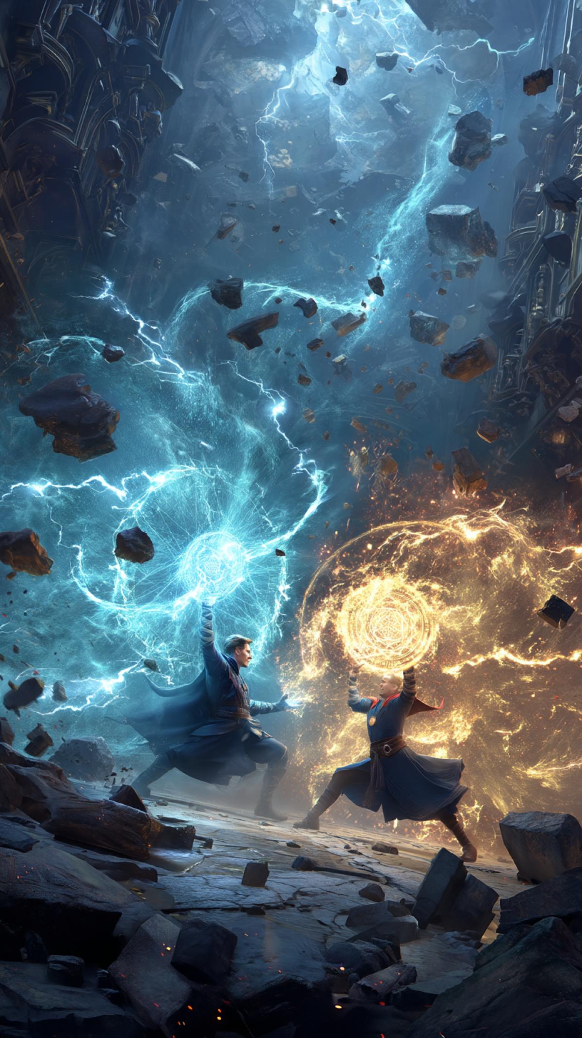 Two powerful sorcerers duel with crackling energy blasts, surrounded by floating debris and shattered stone, detailed environment, intricate magic effects, concept art, artgerm